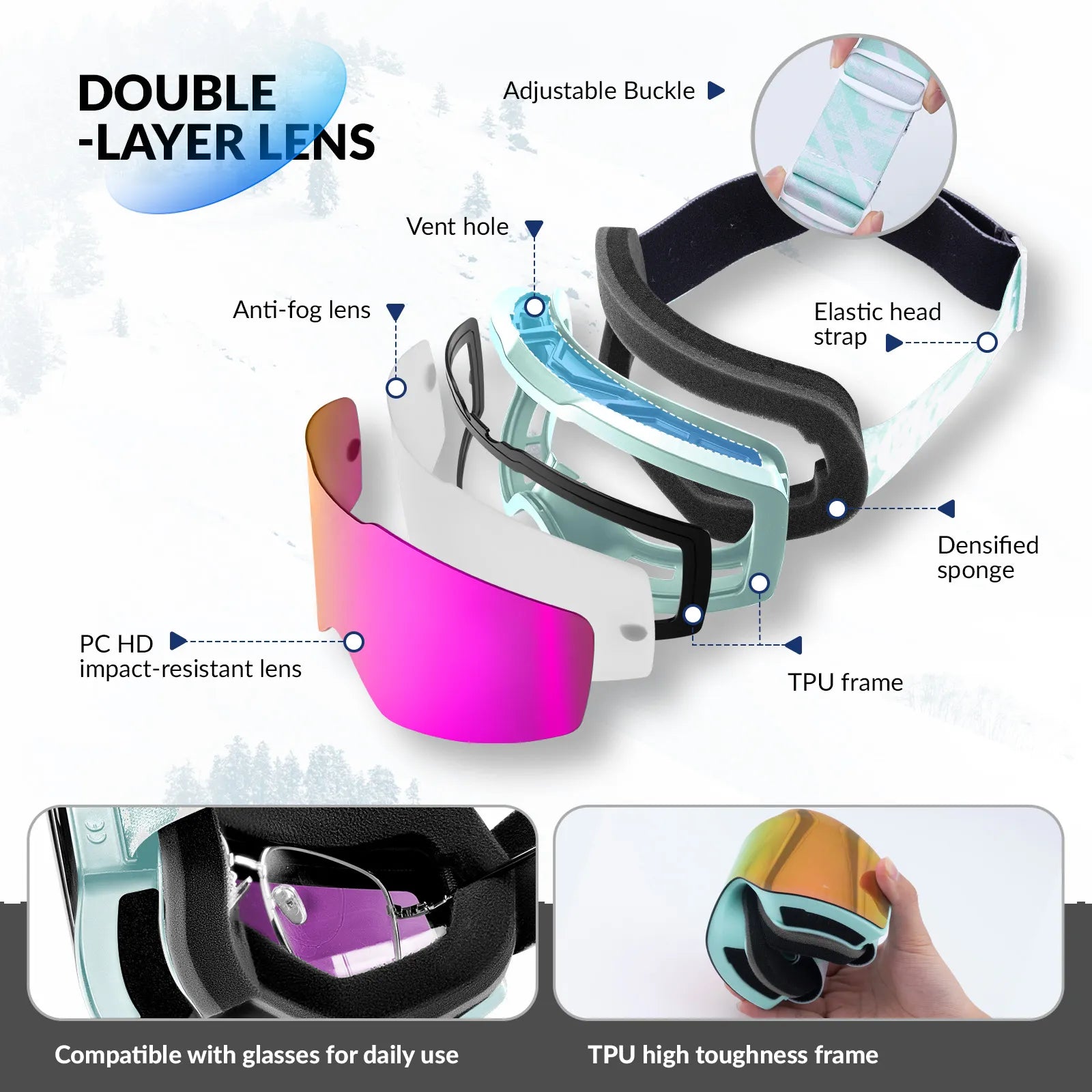 Close-up of Qunature anti-fog wide vision ski goggles lens technology.
#color_sky blue