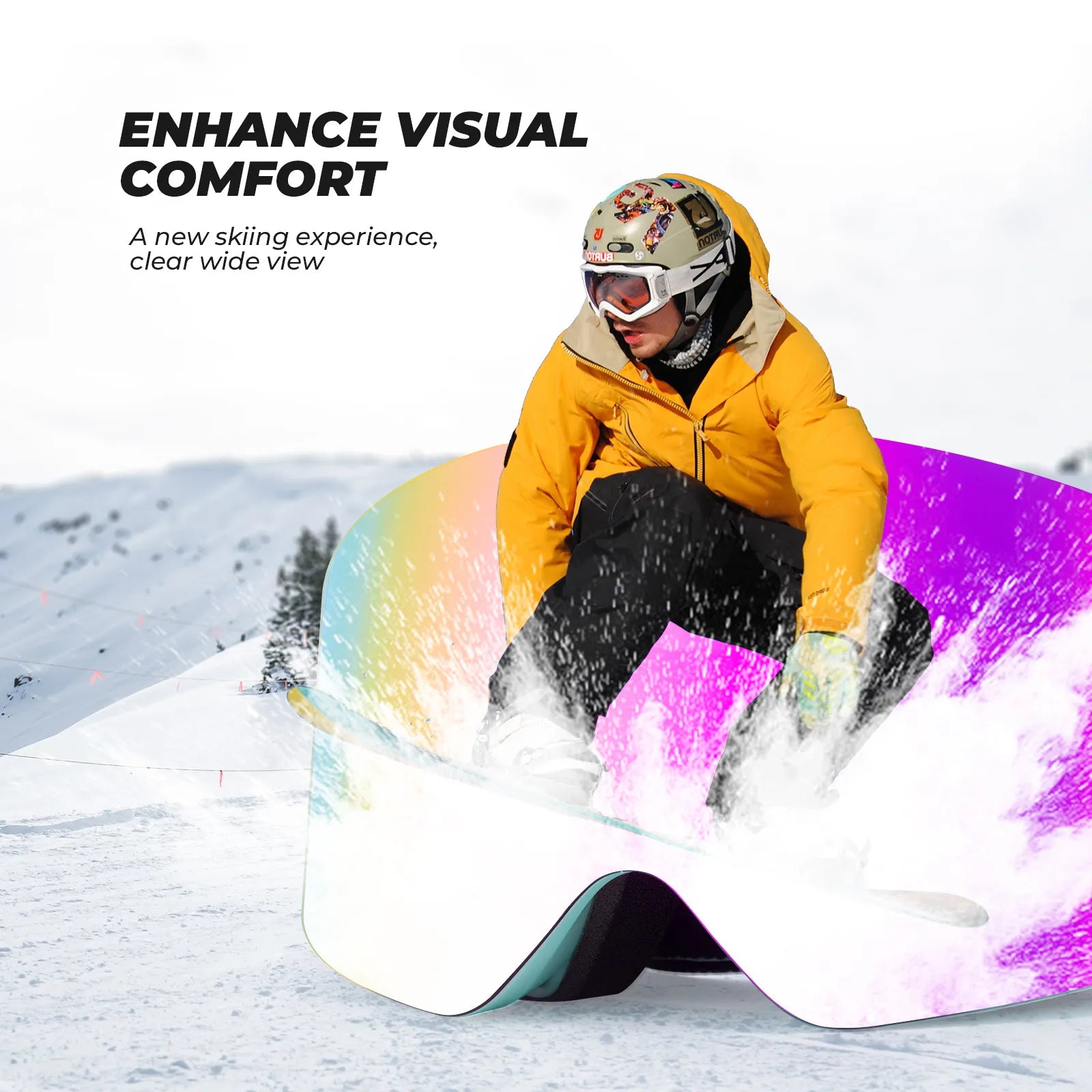 Close-up of Qunature anti-fog wide vision ski goggles lens technology.
#color_sky blue
