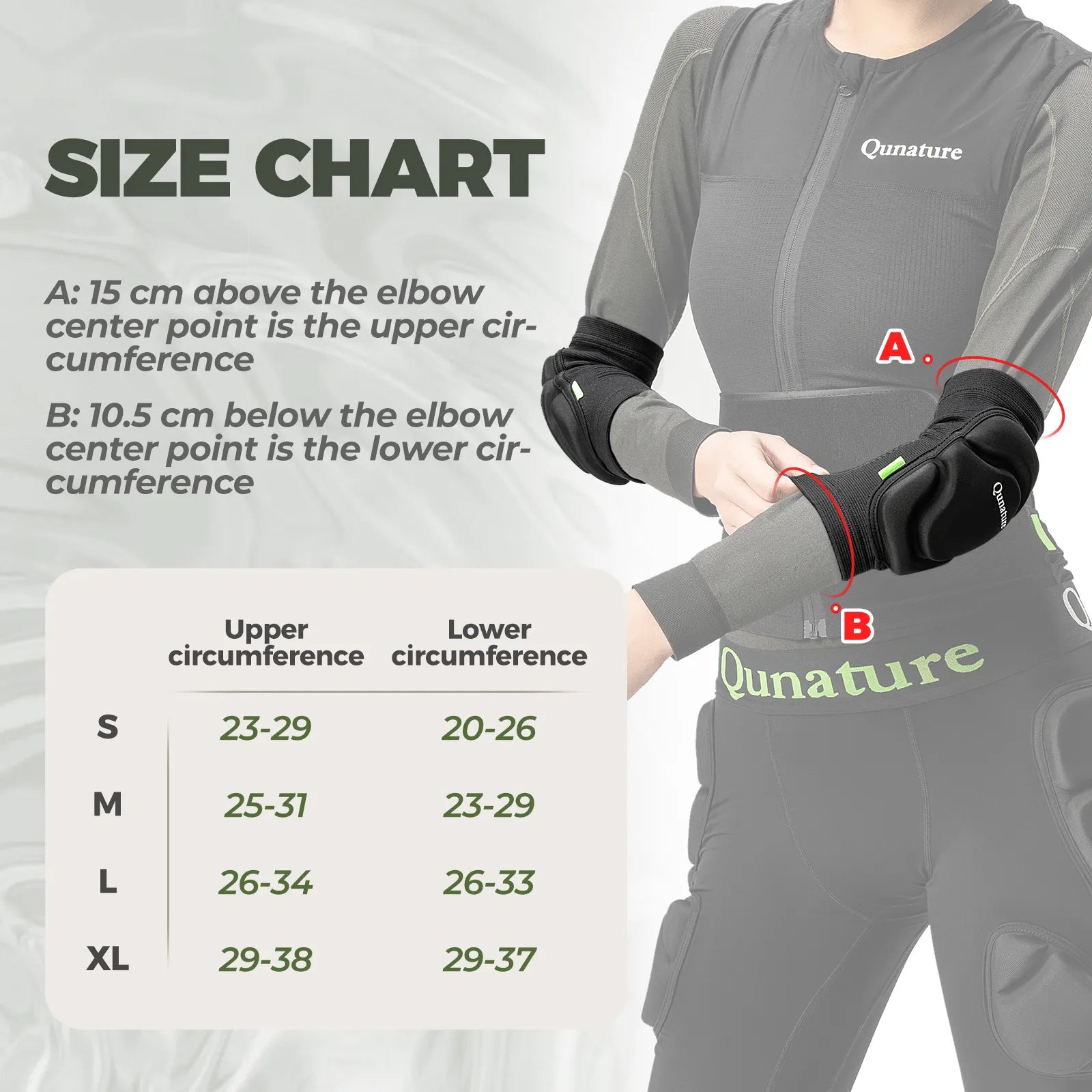 qunature unisex anti-impact ski elbow guards in black showing front view