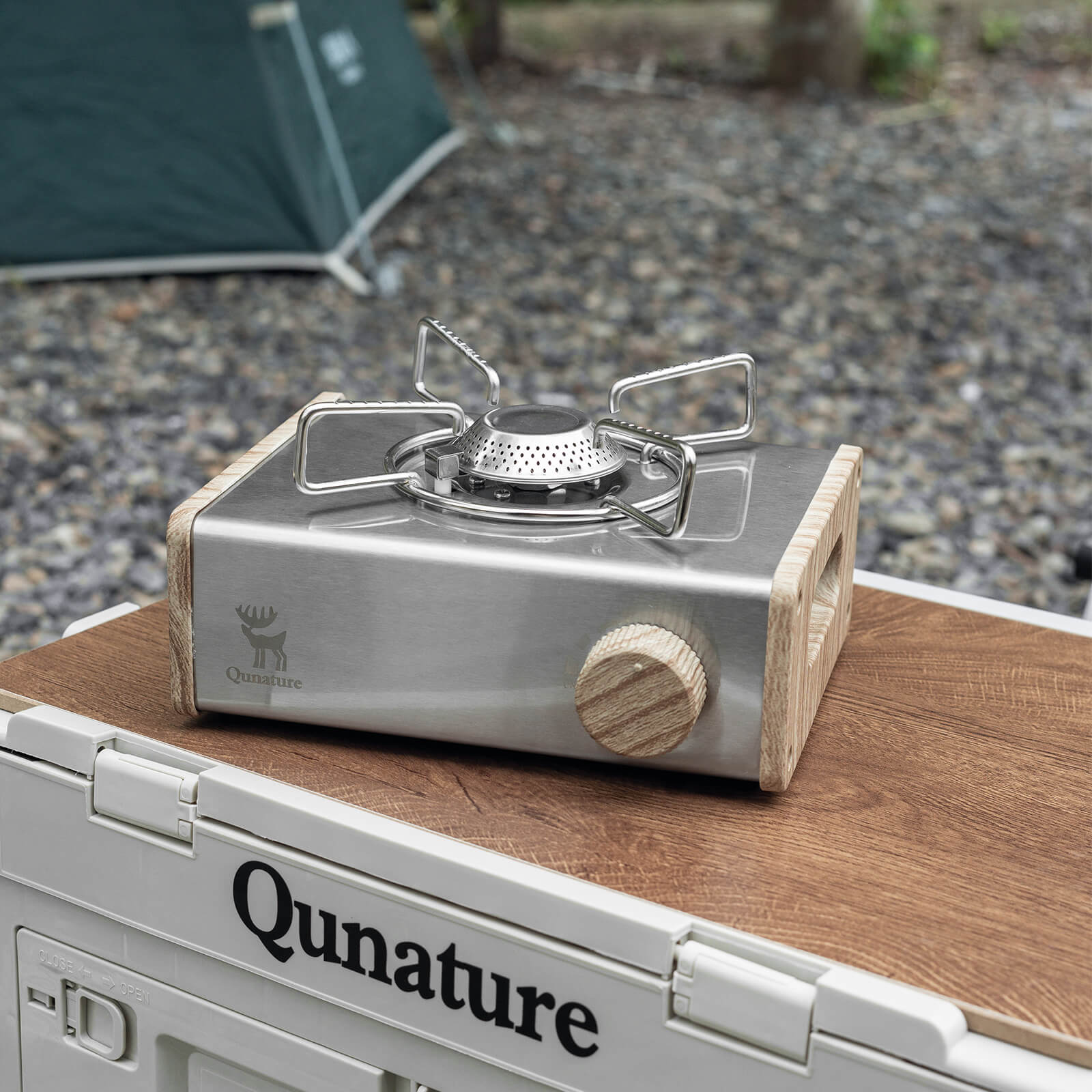 Qunature camping mini gas stove portable for outdoor cooking and travel.