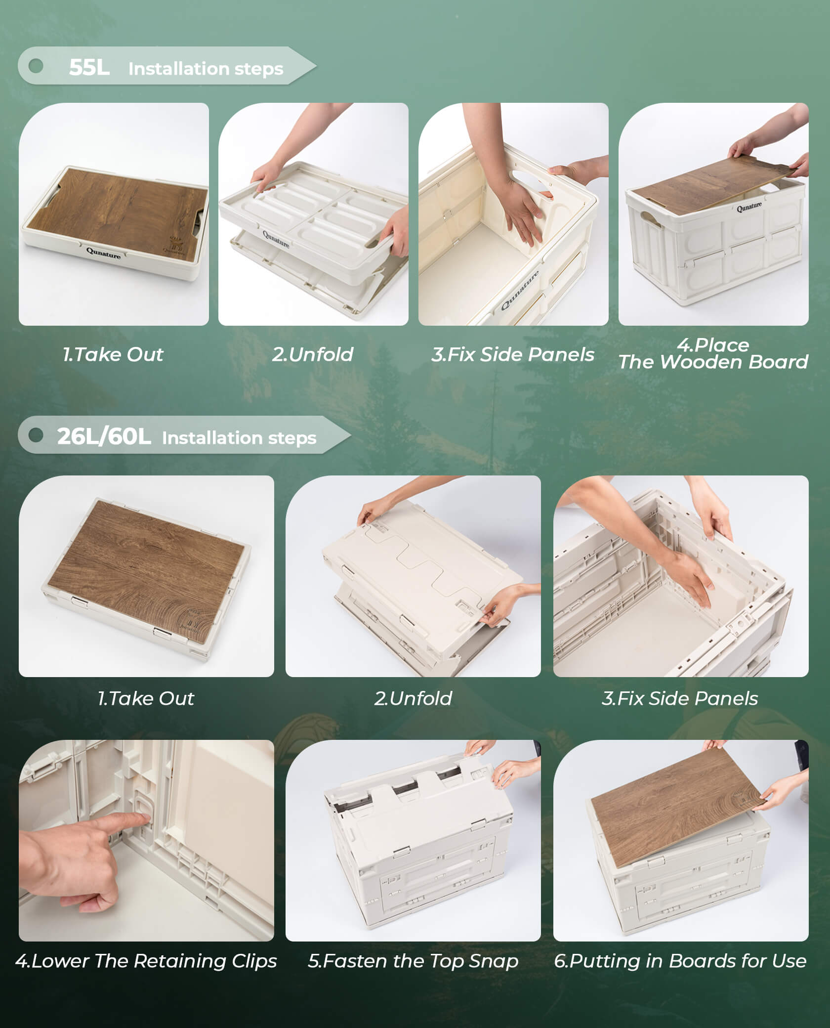 Qunature foldable outdoor storage bin for camping and home organisation.
#capacity_55L With Wood Board