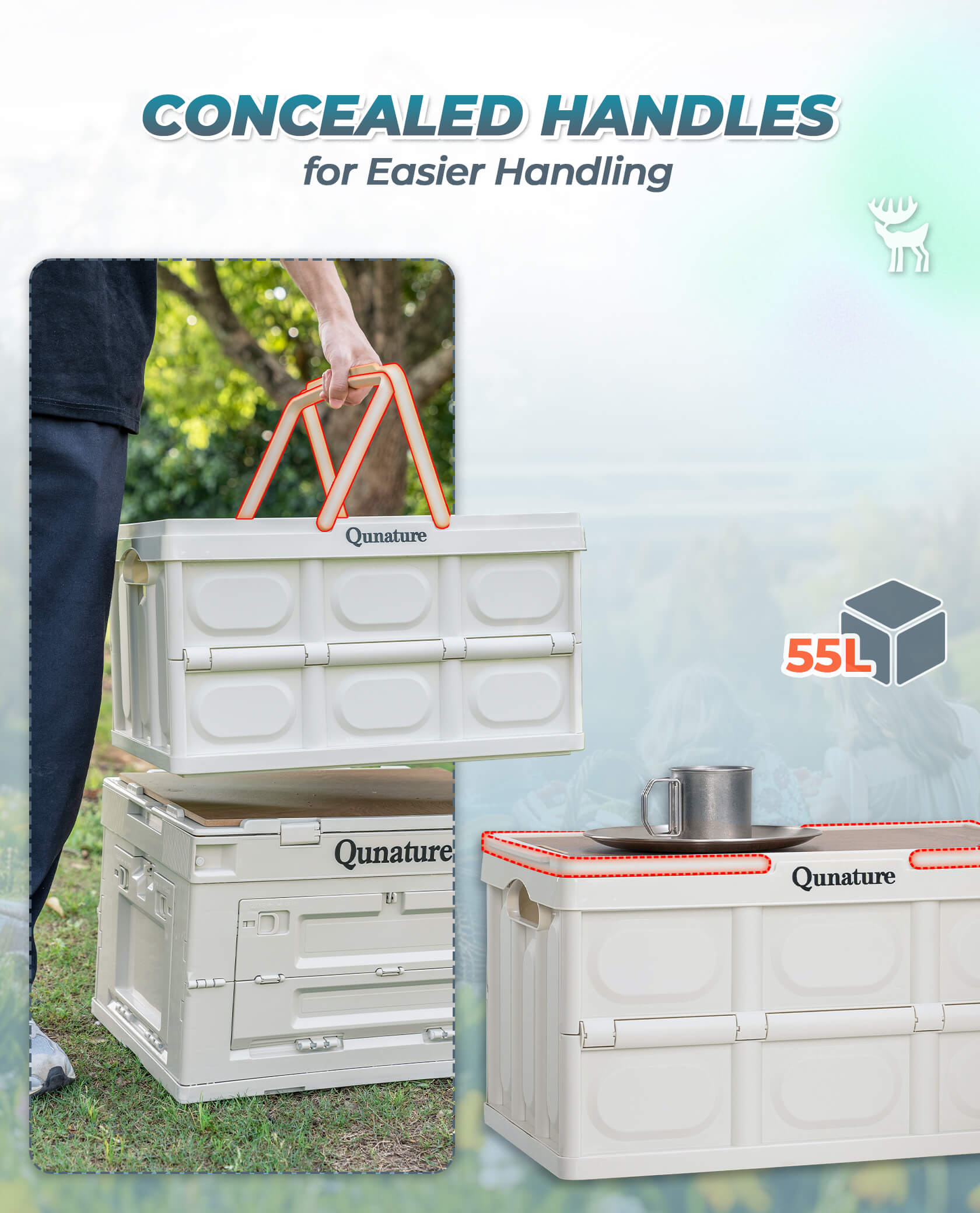 Qunature foldable outdoor storage bin for camping and home organisation.
#capacity_60L With Wood Board