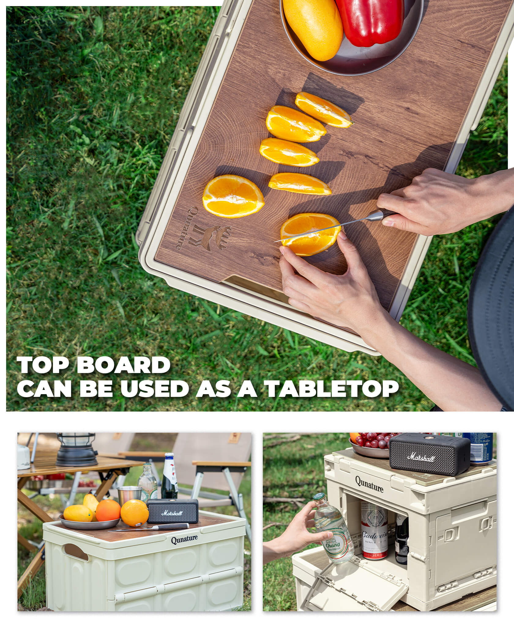 Qunature foldable outdoor storage bin for camping and home organisation.
#capacity_60L With Wood Board