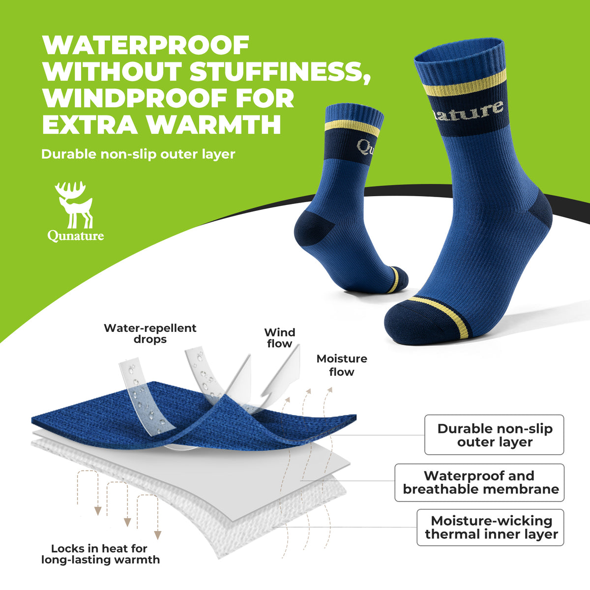 Qunature khaki four-season waterproof outdoor socks.
#colour_blue