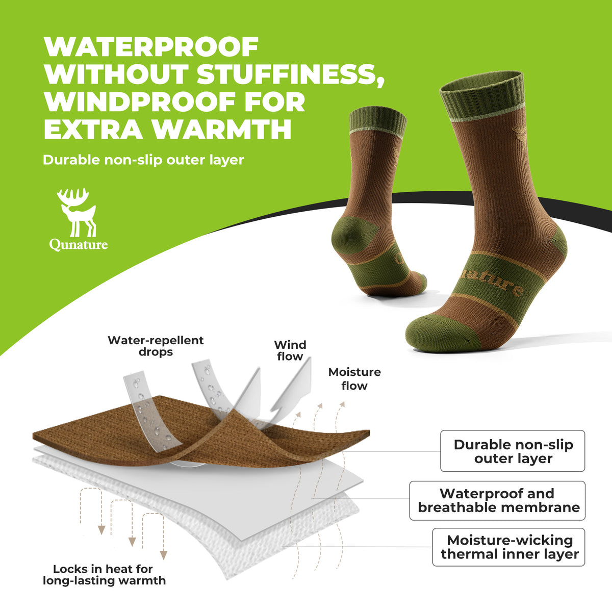 Qunature khaki four-season waterproof outdoor socks.
#colour_brown