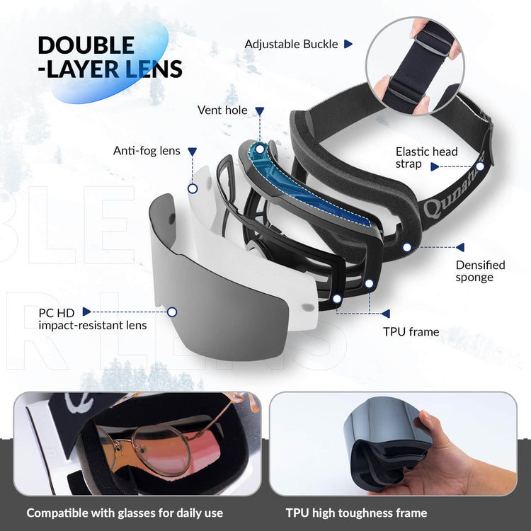 QUNATURE frameless anti-fog ski goggles for adult skiing and snowboarding