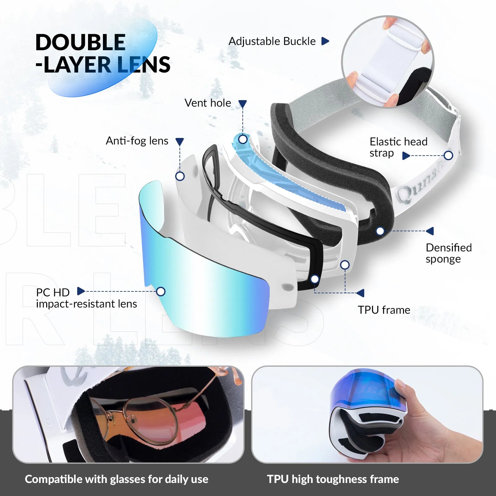 QUNATURE frameless anti-fog ski goggles for adult skiing and snowboarding.
#color_white