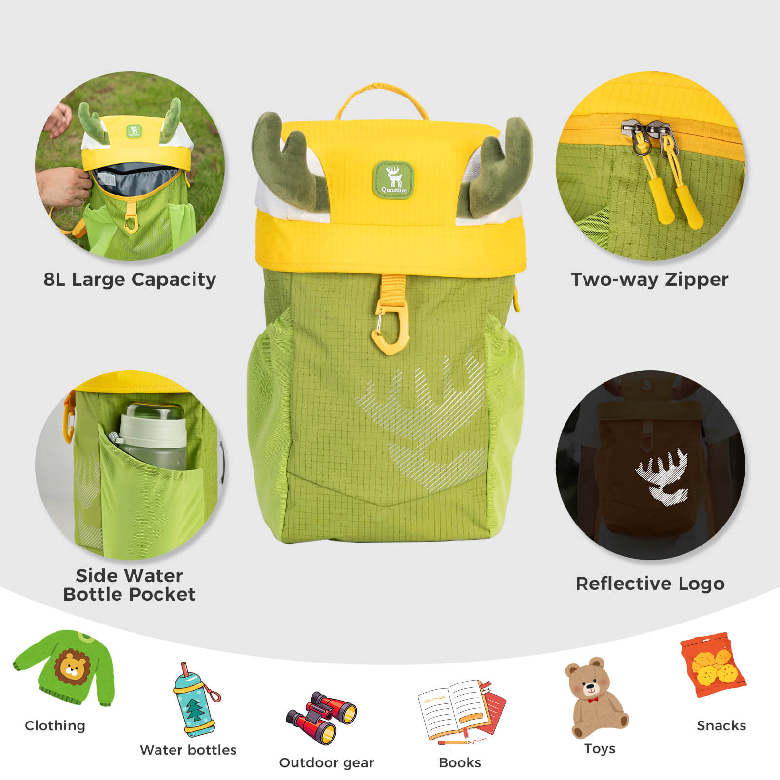 The Qunature 8L lightweight hiking backpack for children is made of water-repellent fabric and is designed specifically for children aged 4-8.
#color_green