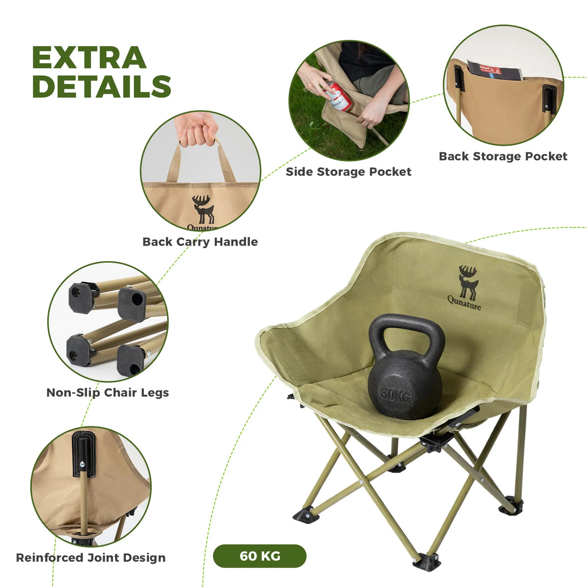 Qunature kids folding camping chair dimensions and packed carry bag size.
#colour_green