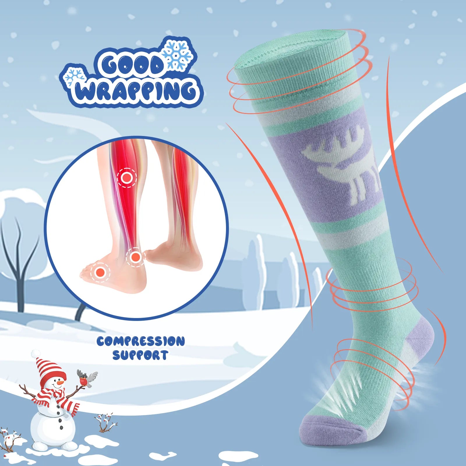 Infographic showing the breathable and thick thermal protection of qunature kids merino wool socks.
#color_light green
