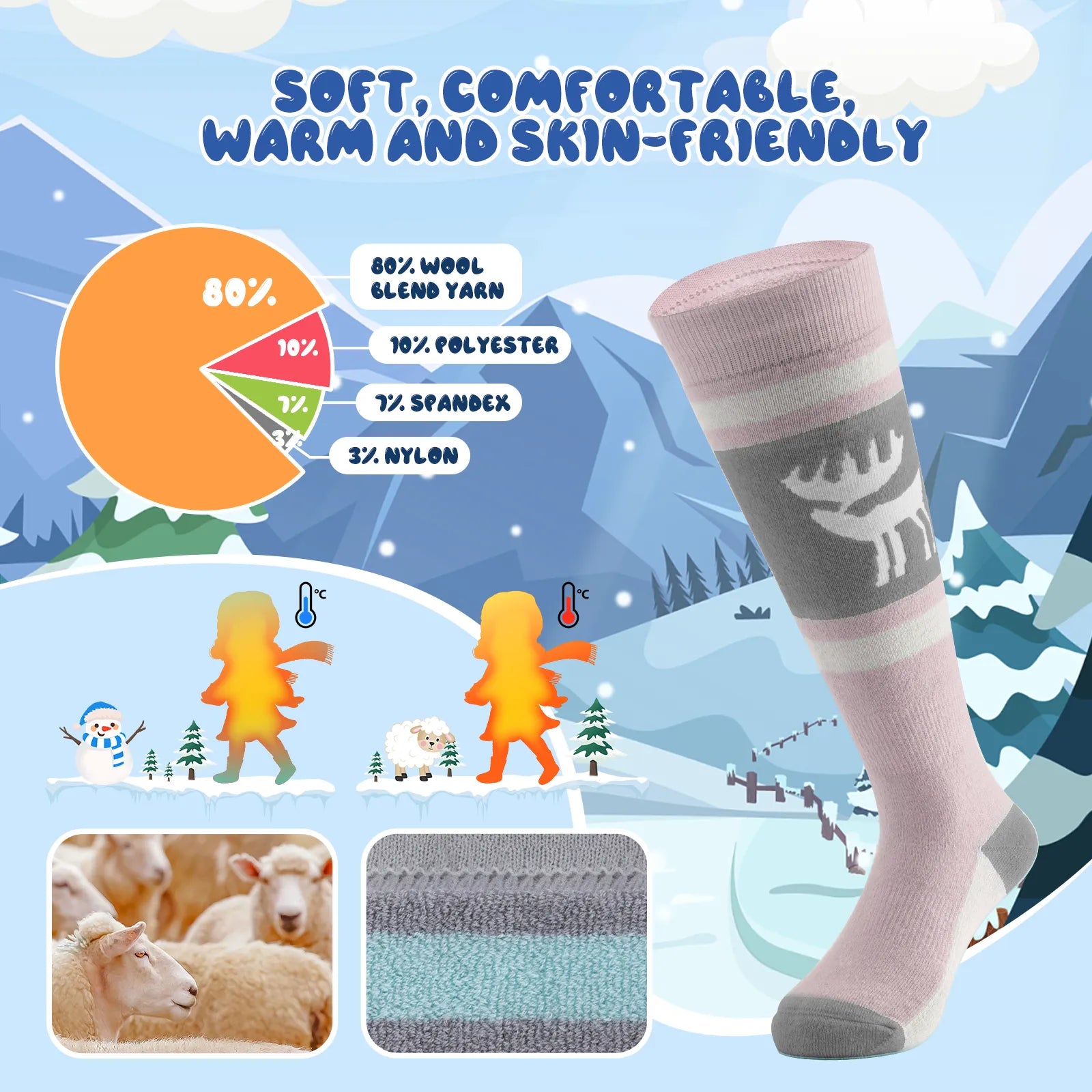 Infographic showing the breathable and thick thermal protection of qunature kids merino wool socks.
#color_pink