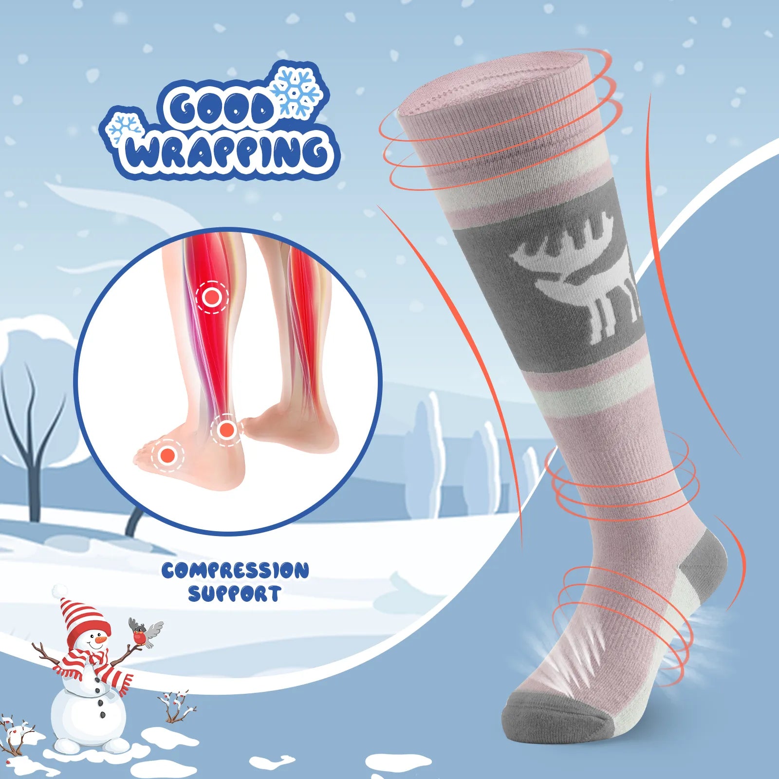 Infographic showing the breathable and thick thermal protection of qunature kids merino wool socks.
#color_pink
