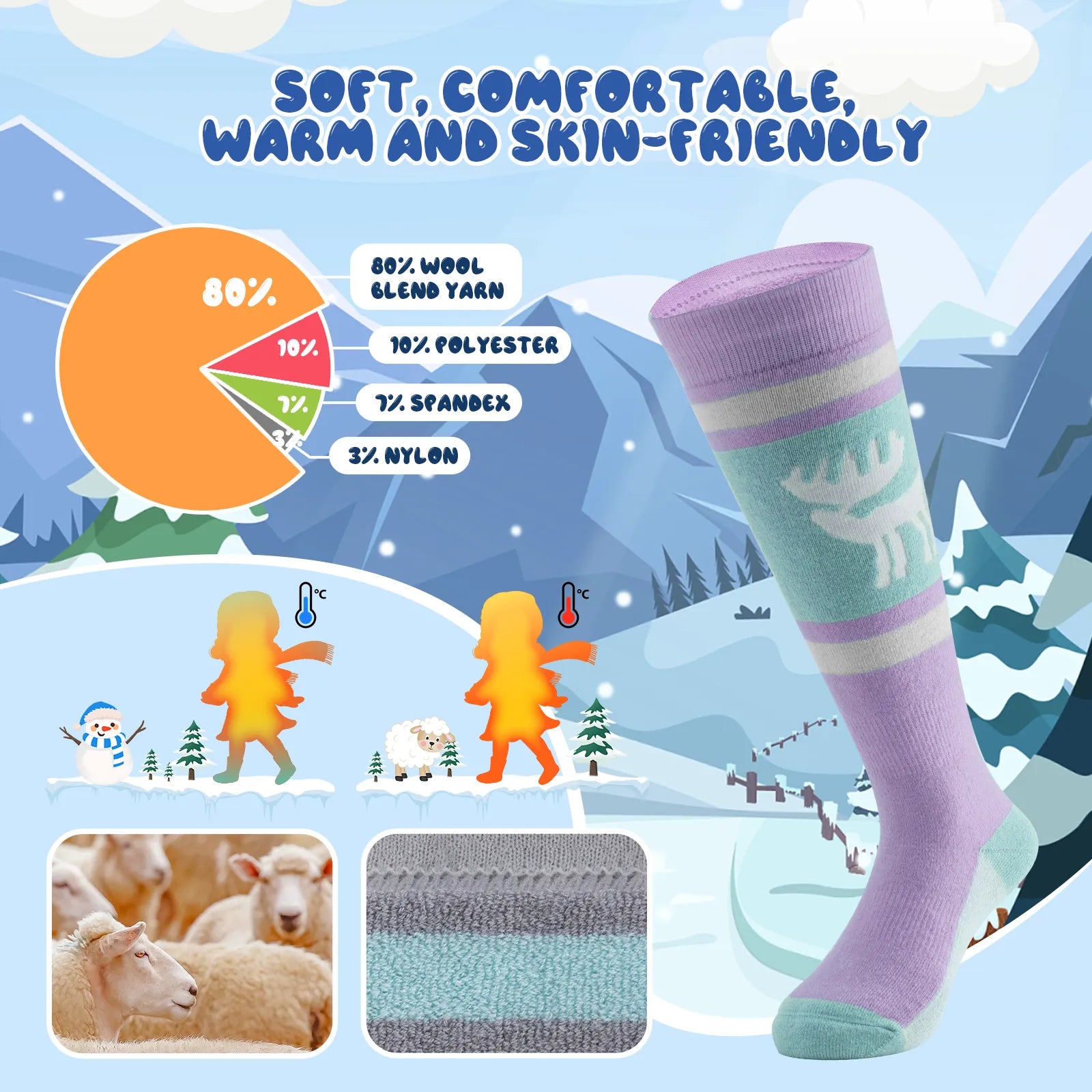Infographic showing the breathable and thick thermal protection of qunature kids merino wool socks.
#color_purple