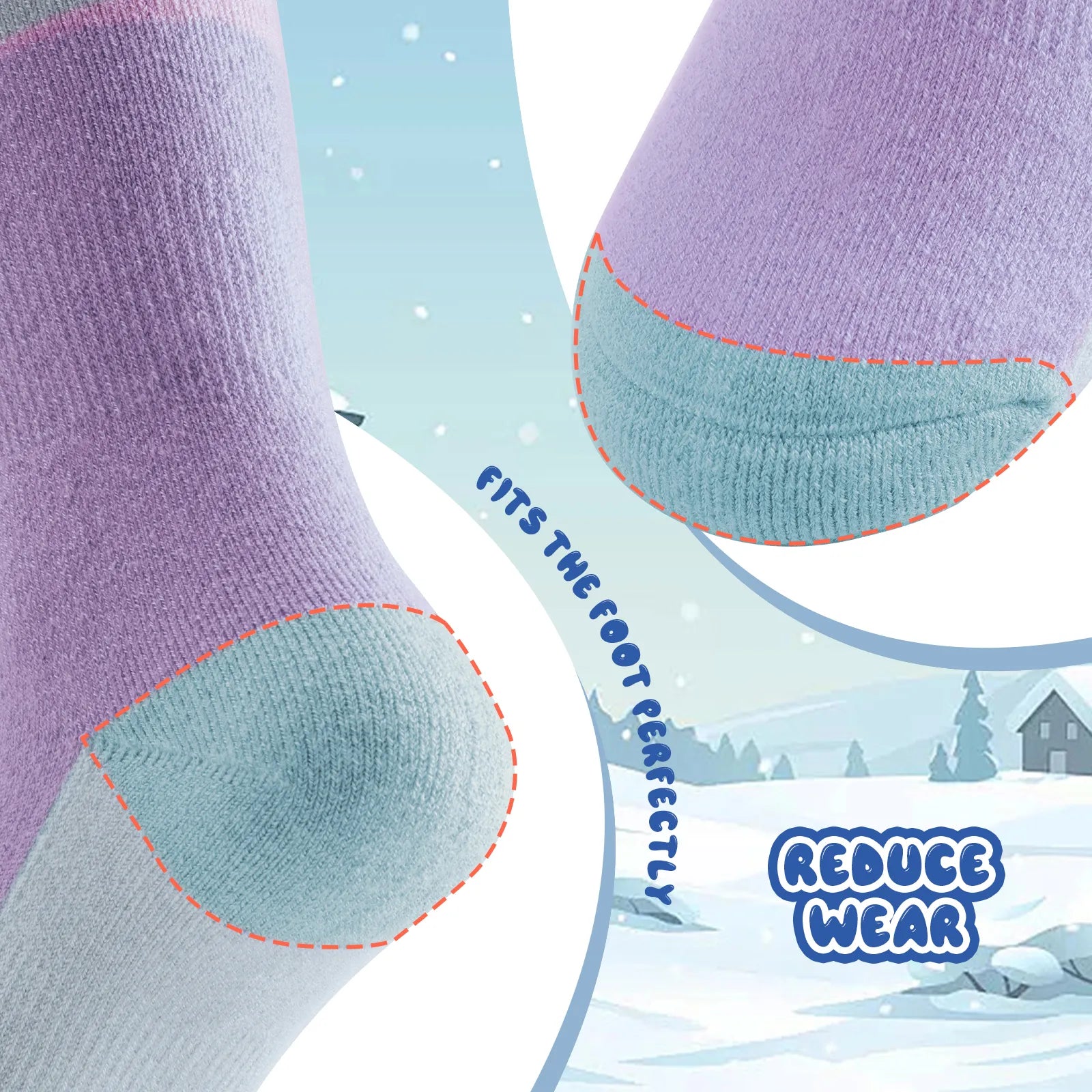 Infographic showing the breathable and thick thermal protection of qunature kids merino wool socks.
#color_purple
