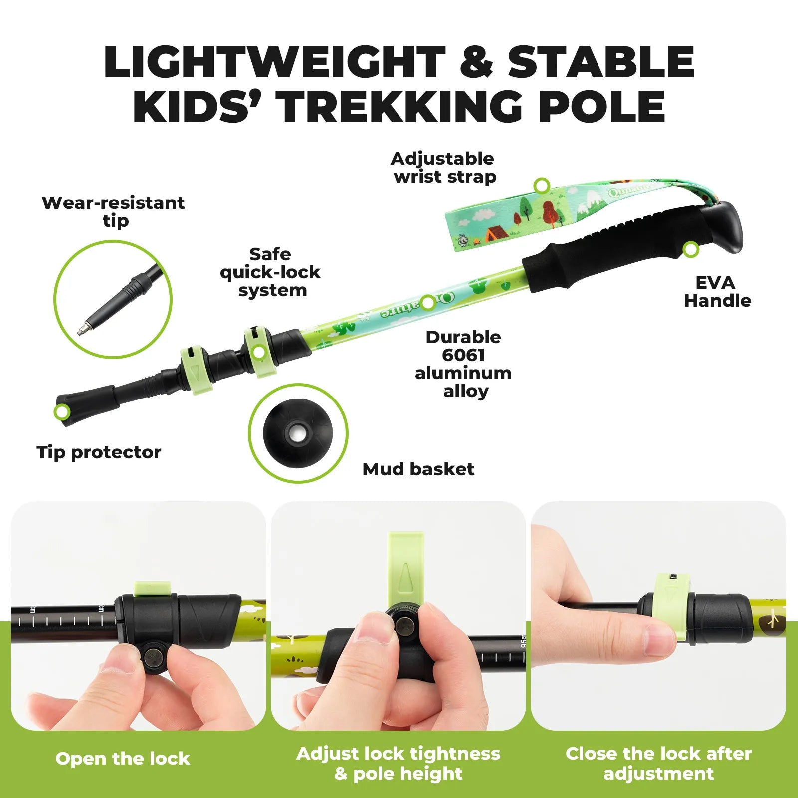 Qunature adjustable kids trekking poles in blue, telescoping from 51cm to 100cm for young hikers.
#color_bud green