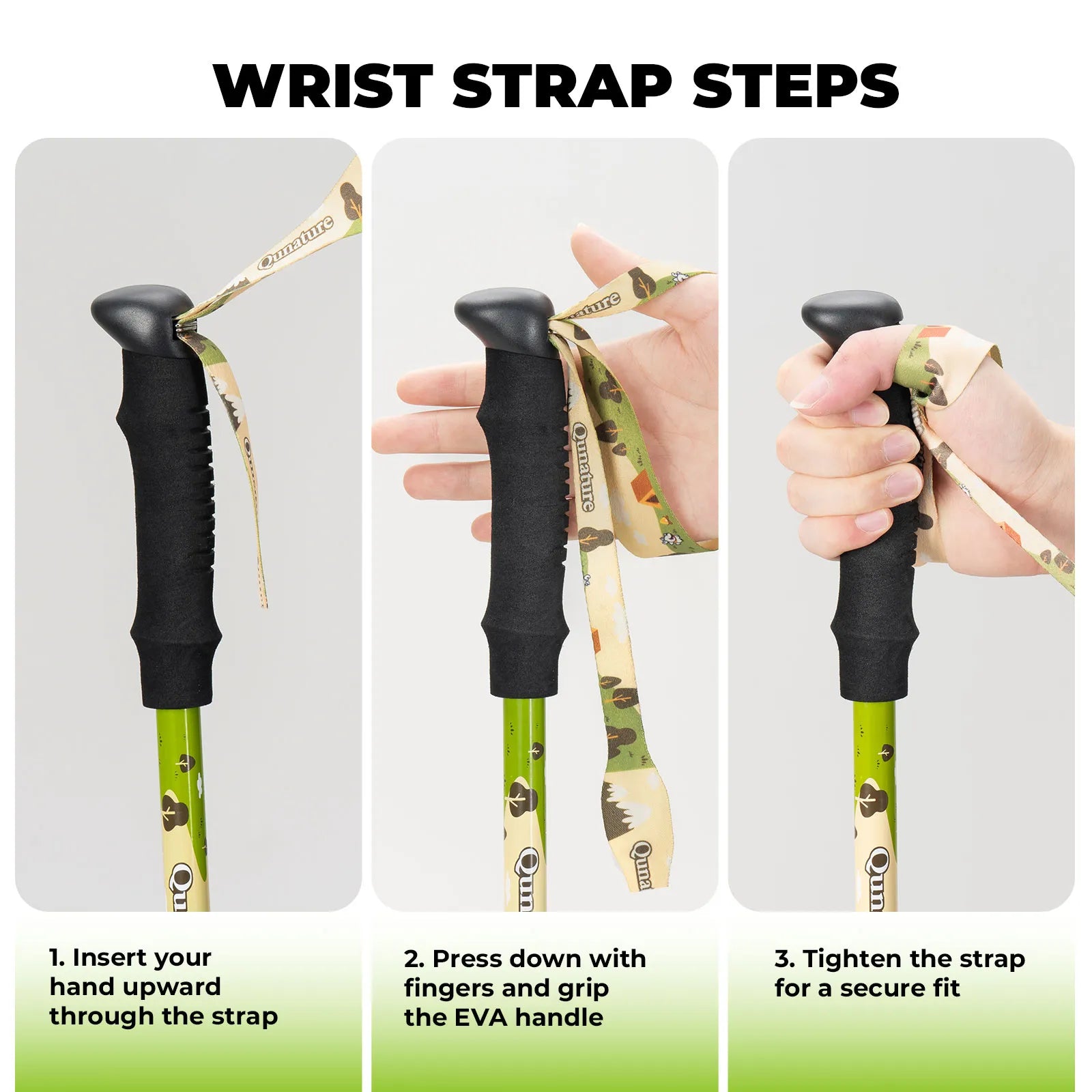 Qunature adjustable kids trekking poles in blue, telescoping from 51cm to 100cm for young hikers.
#color_bud green