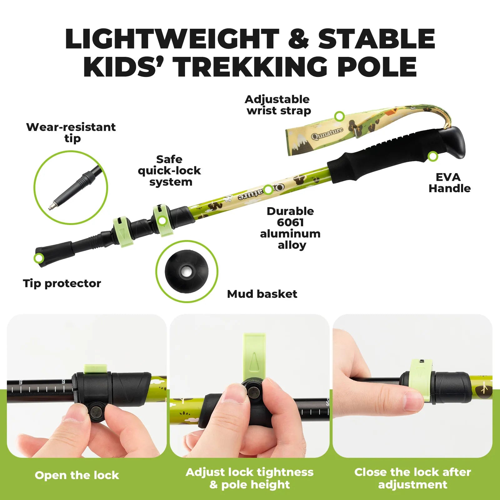 Qunature adjustable kids trekking poles in blue, telescoping from 51cm to 100cm for young hikers.
#color_yellow
