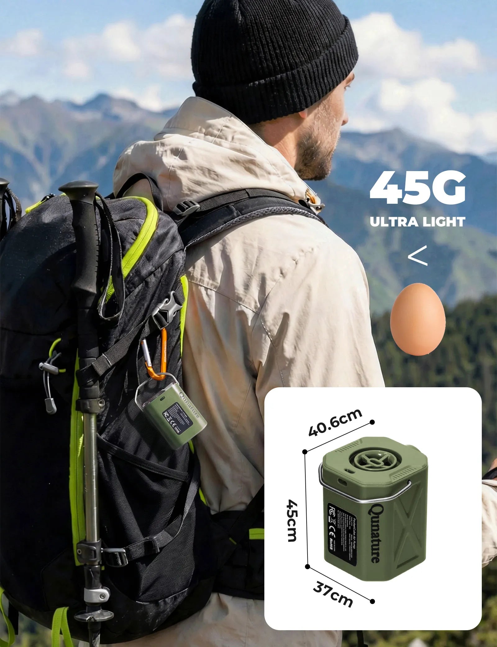 qunature 800mAh mini electric bike pump for fast road bike tire inflation during outdoor cycling.
#color_green