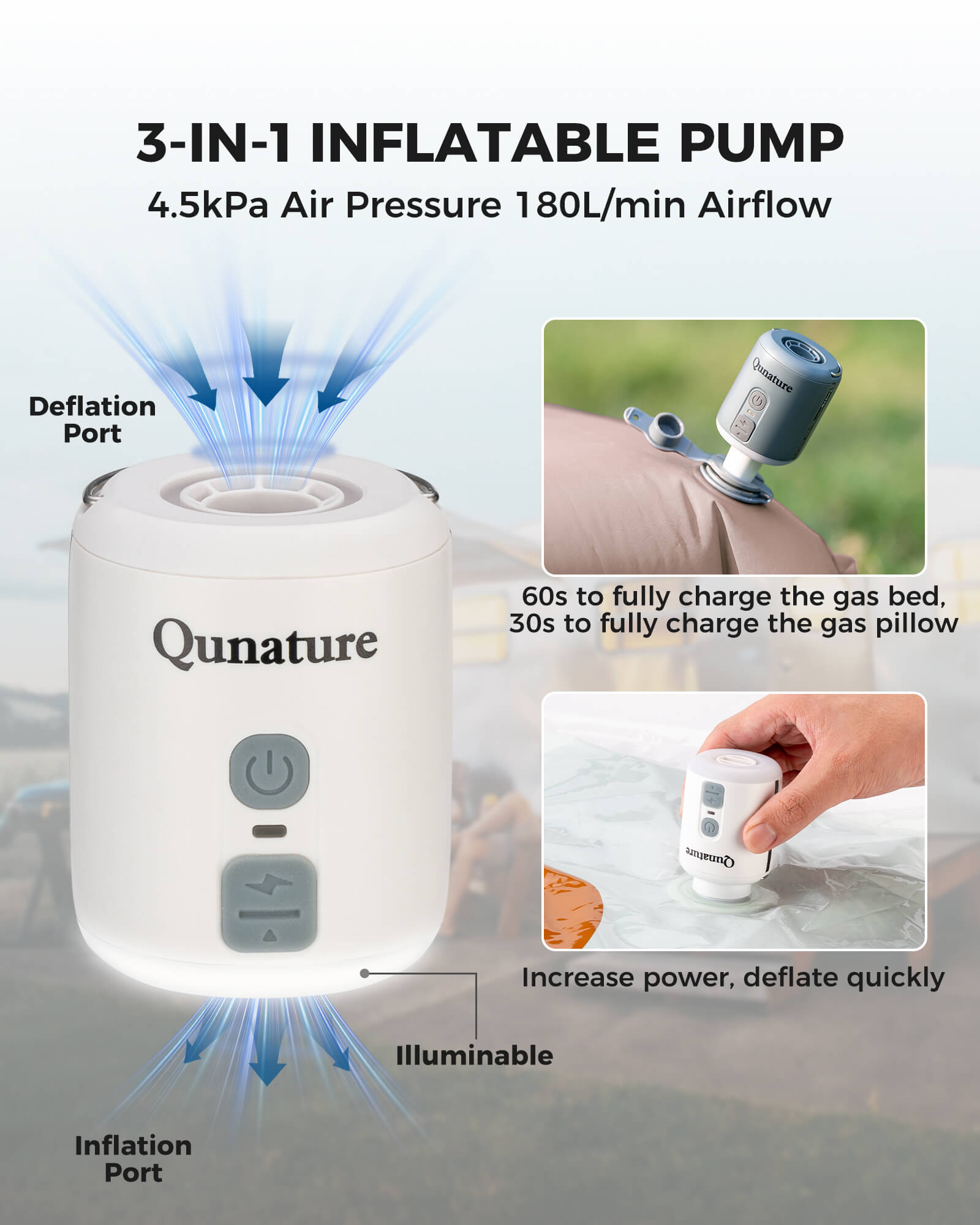 Qunature 3-in-1 Mini Outdoor Air Pump 1600mAh Inflator, Deflator & LED Light.
#color_white