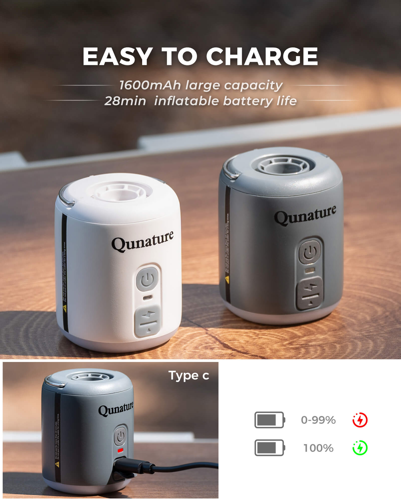 Qunature 3-in-1 Mini Outdoor Air Pump 1600mAh Inflator, Deflator & LED Light.
#color_white