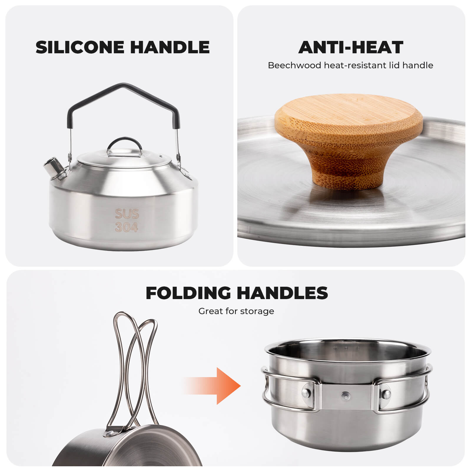 Qunature stainless steel folding cookware set for camping.
