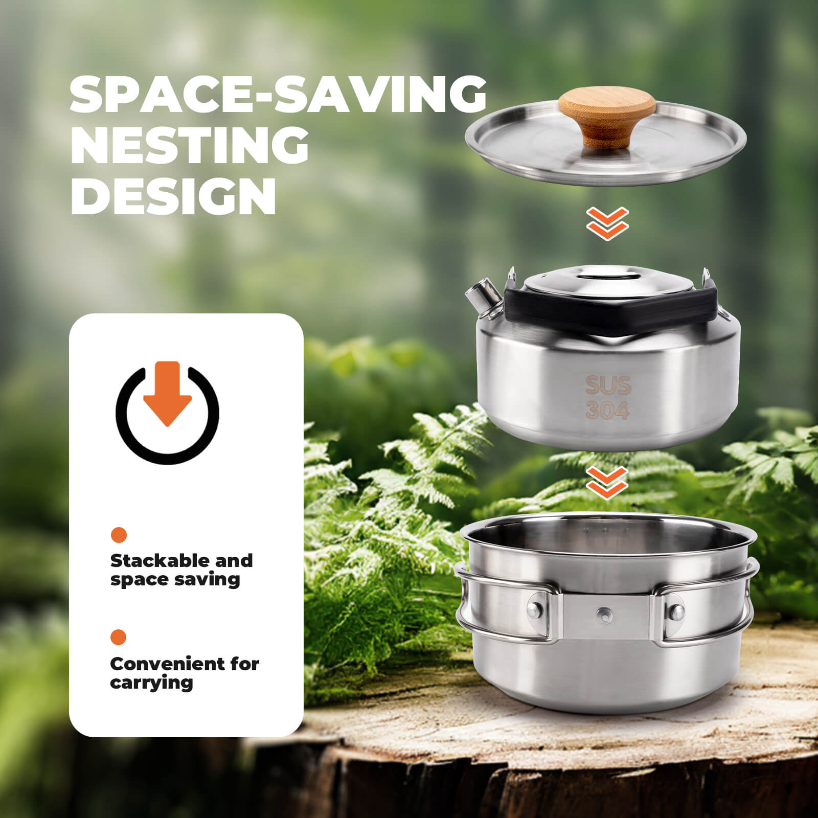 Qunature stainless steel folding cookware set for camping.