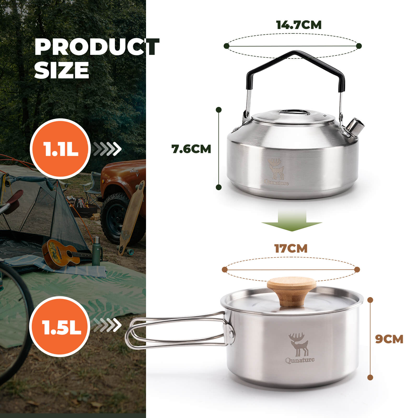 Qunature stainless steel folding cookware set for camping.
