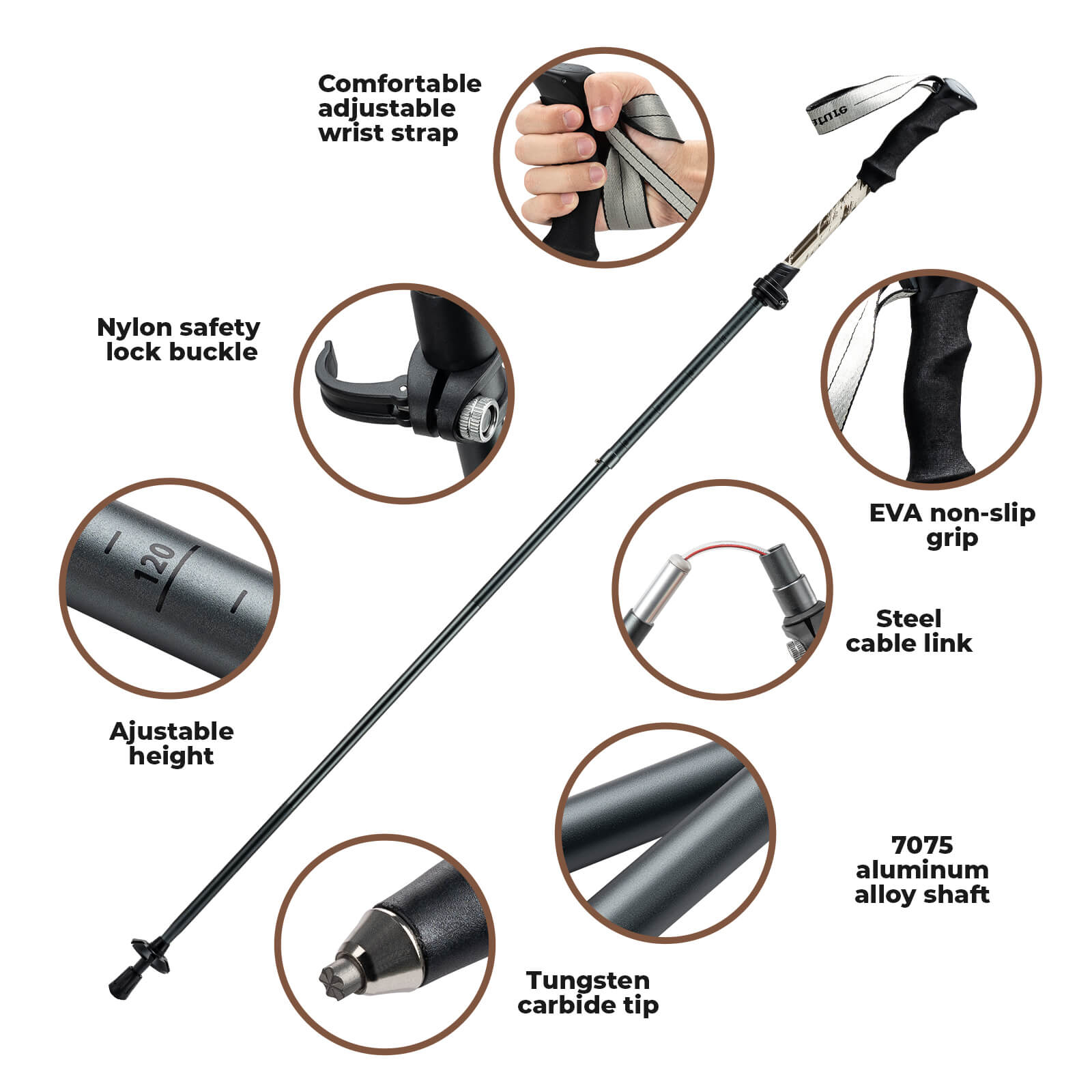Qunature telescopic hiking trekking pole for outdoor climbing and walking.
#color_brown