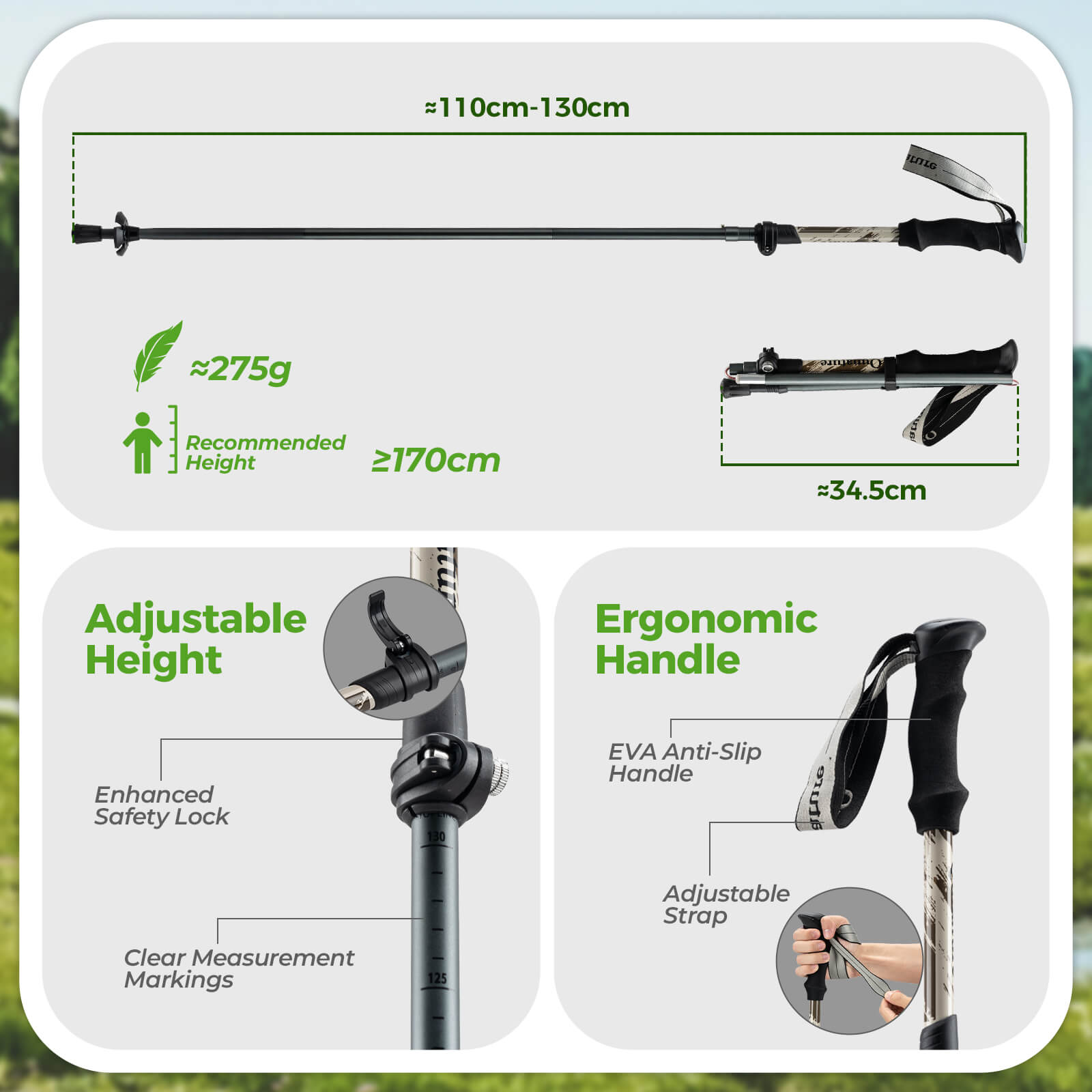 Qunature telescopic hiking trekking pole for outdoor climbing and walking.
#color_brown