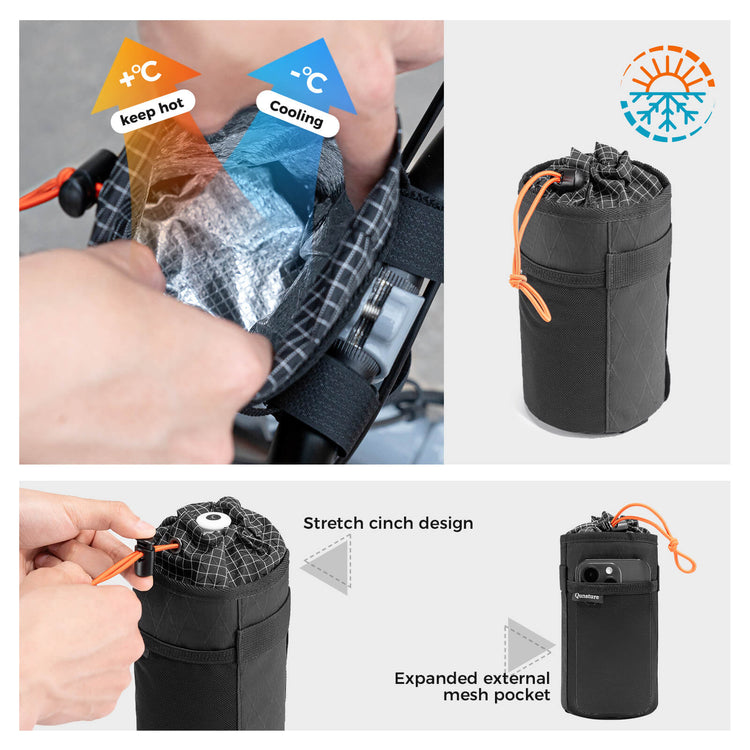 Qunature thermal insulated 1L handlebar bottle bag for bikepacking and long-distance cycling, keeps drinks hot or cold