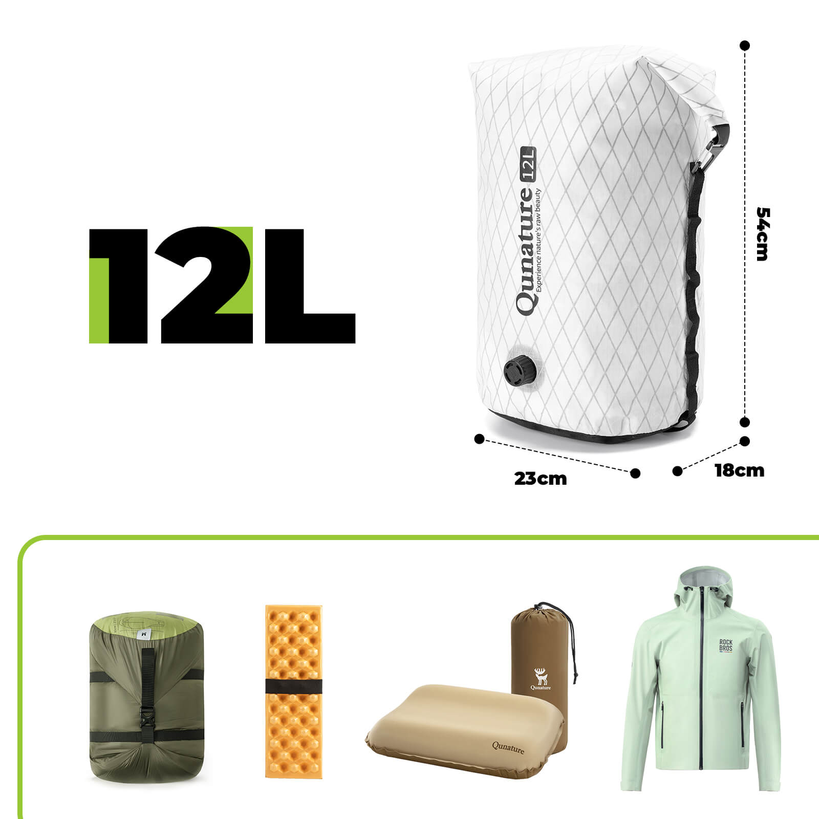 qunature ultralight waterproof compression dry bag for bikepacking adventure.
#color_white