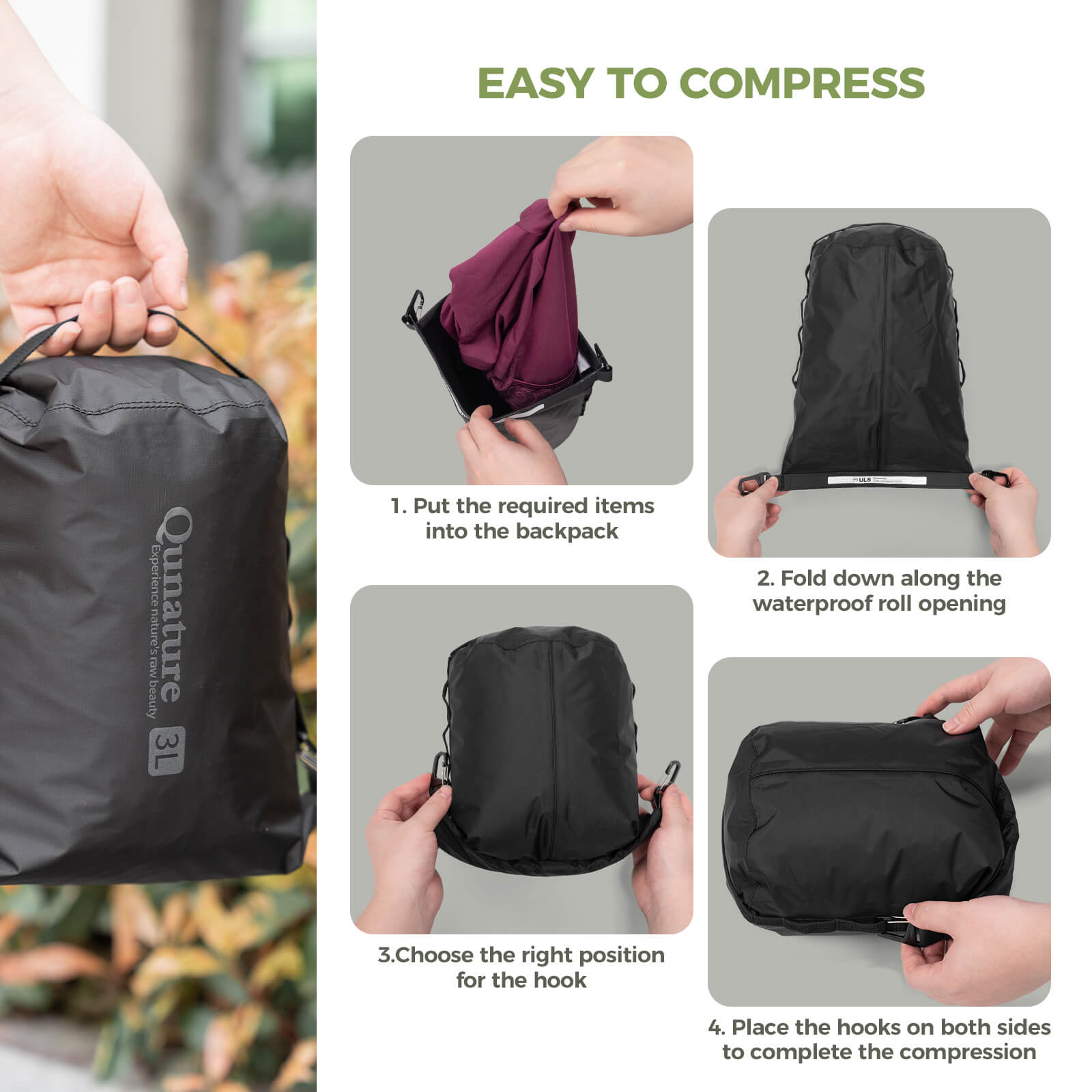 Qunature Waterproof Compression Sack 3L-12L for Camping and Bikepacking
#color_black
#size_6L