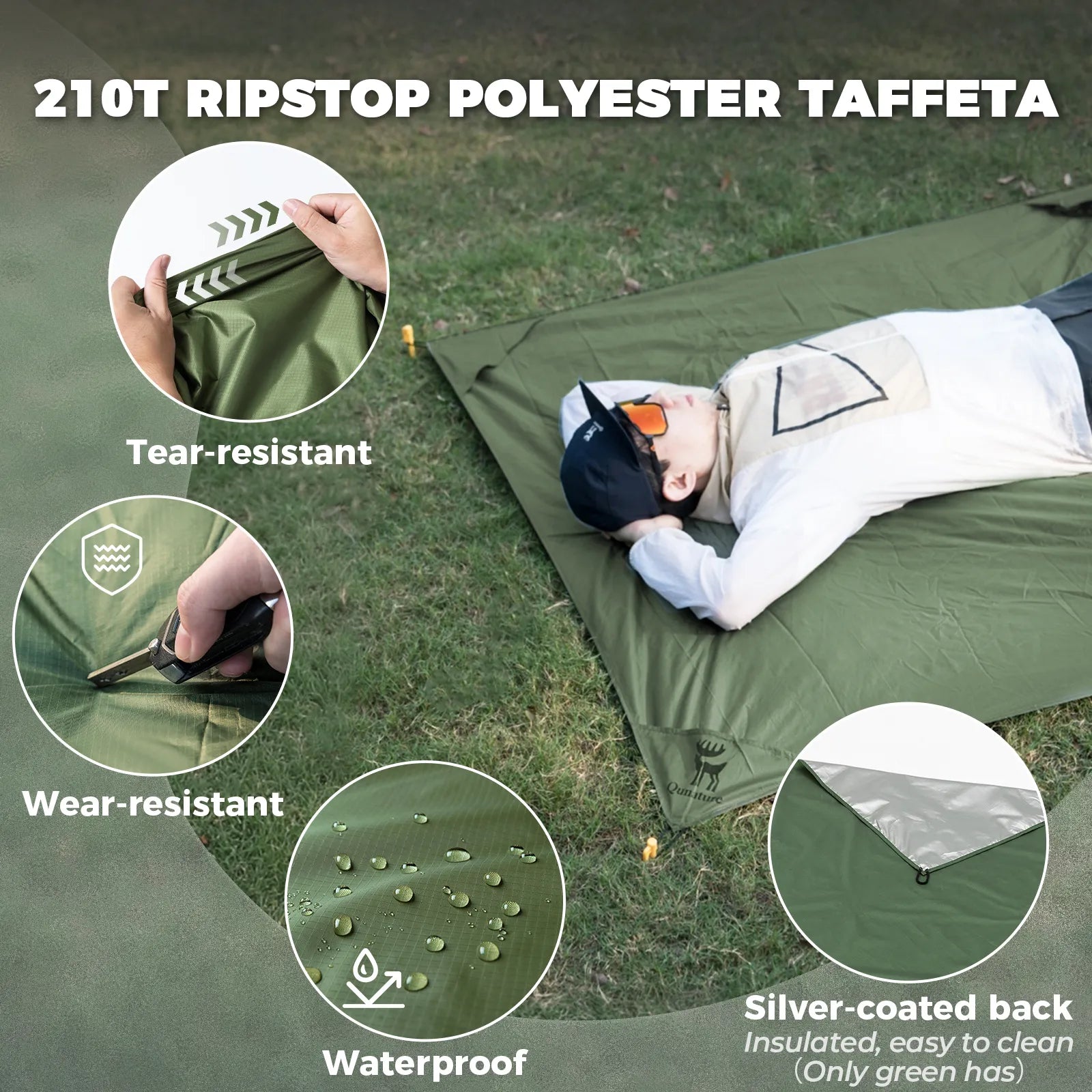 qunature sandproof beach blanket being used by a family on the sand, oversized and portable for seaside travel.
#color_green