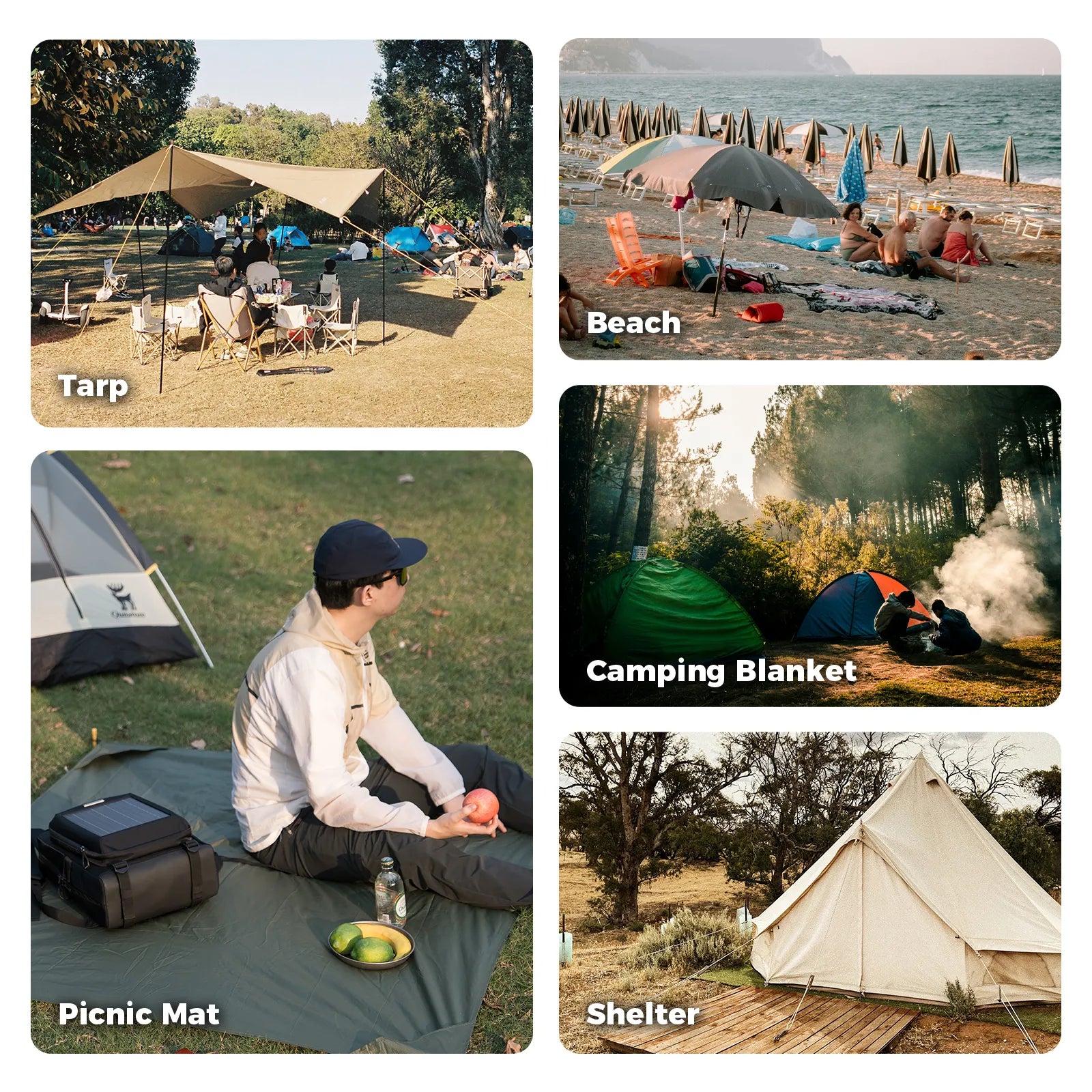 qunature sandproof beach blanket being used by a family on the sand, oversized and portable for seaside travel.
#color_green