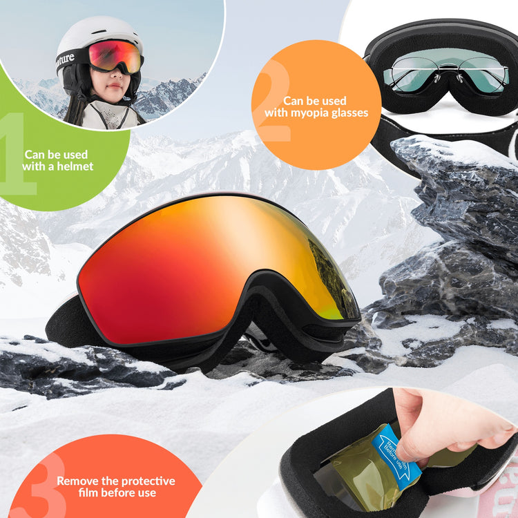 QUNATURE youth ski goggles with anti-fog and UV protection for boys and girls