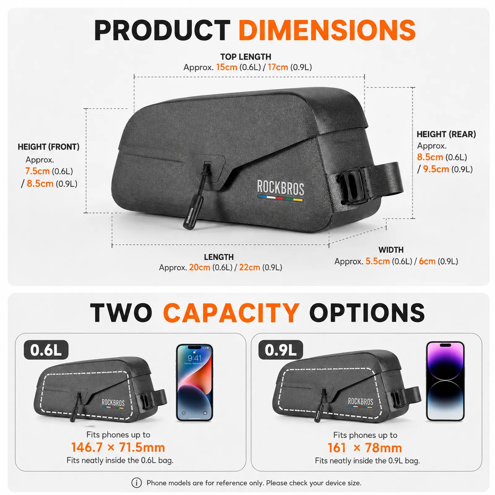 Road to Sky waterproof magnetic bike frame bag, 0.6L to 0.9L capacity
#size_0.9L