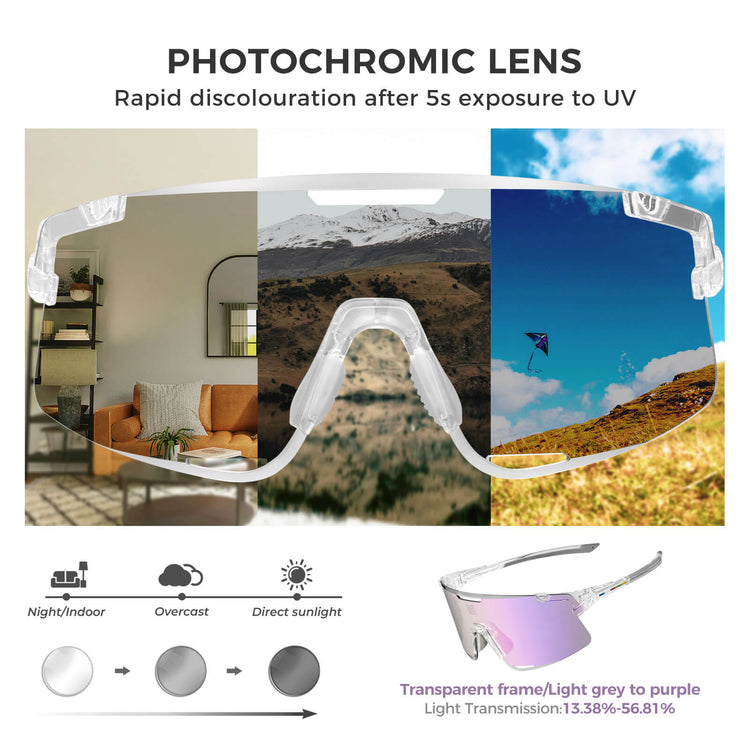 ROCKBROS Road to Sky Photochromatic Cycling Sunglasses - BOUNDLESS, offering advanced photochromic lenses, windproof and sandproof protection, and dynamic light adaptation for an enhanced cycling experience