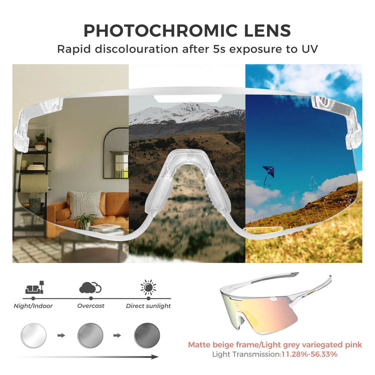 ROCKBROS Road to Sky Photochromatic Cycling Sunglasses - BOUNDLESS, offering advanced photochromic lenses, windproof and sandproof protection, and dynamic light adaptation for an enhanced cycling experience