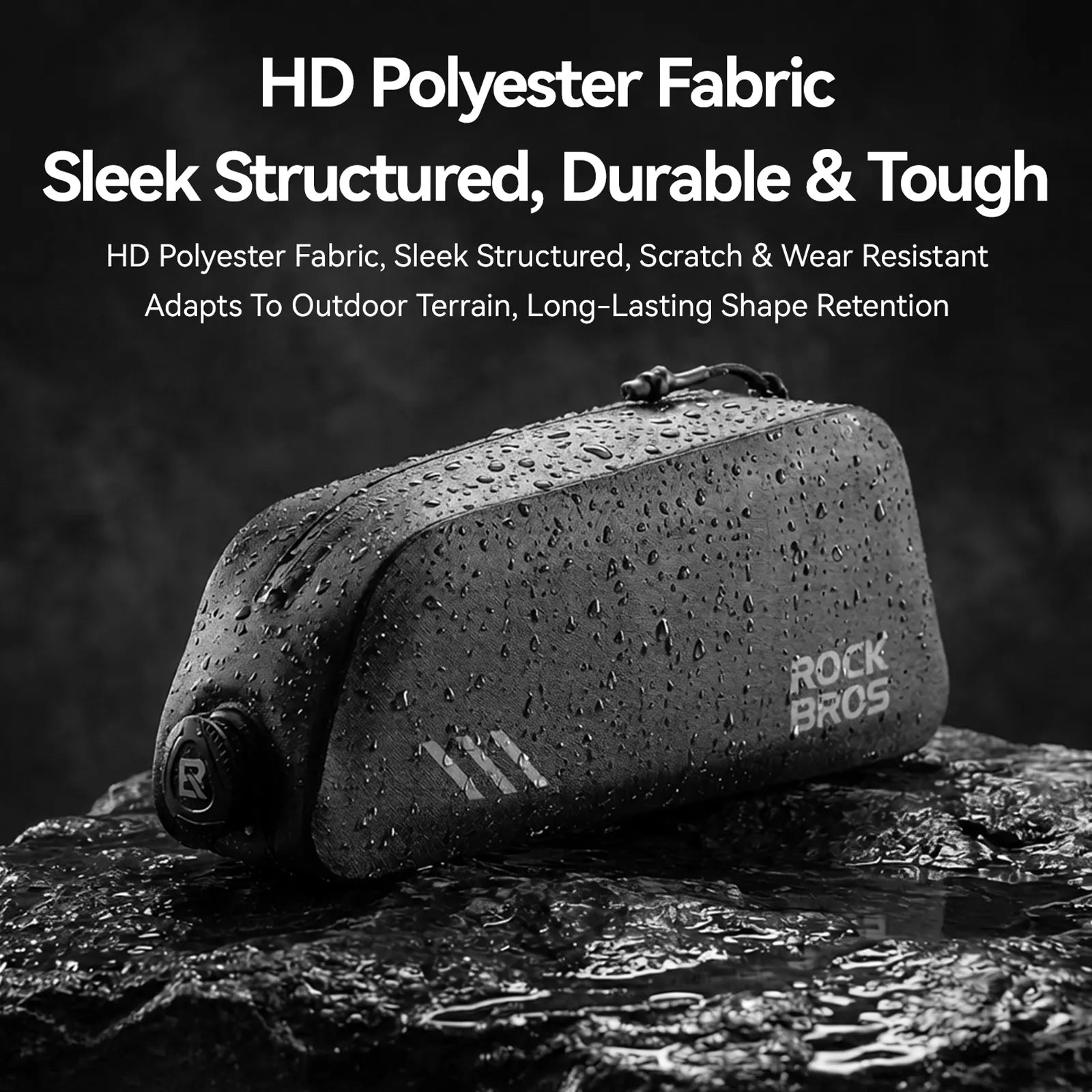 ROCKBROS 0.9L large-capacity waterproof cycling frame bag, made of black wear-resistant material, with a streamlined design.