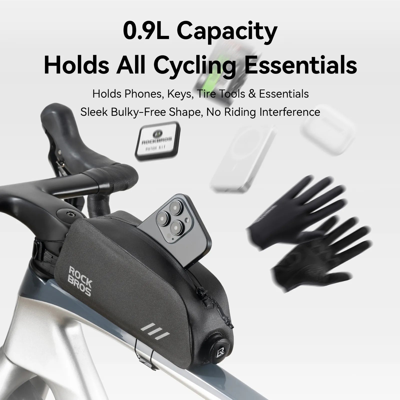 ROCKBROS 0.9L large-capacity waterproof cycling frame bag, made of black wear-resistant material, with a streamlined design.