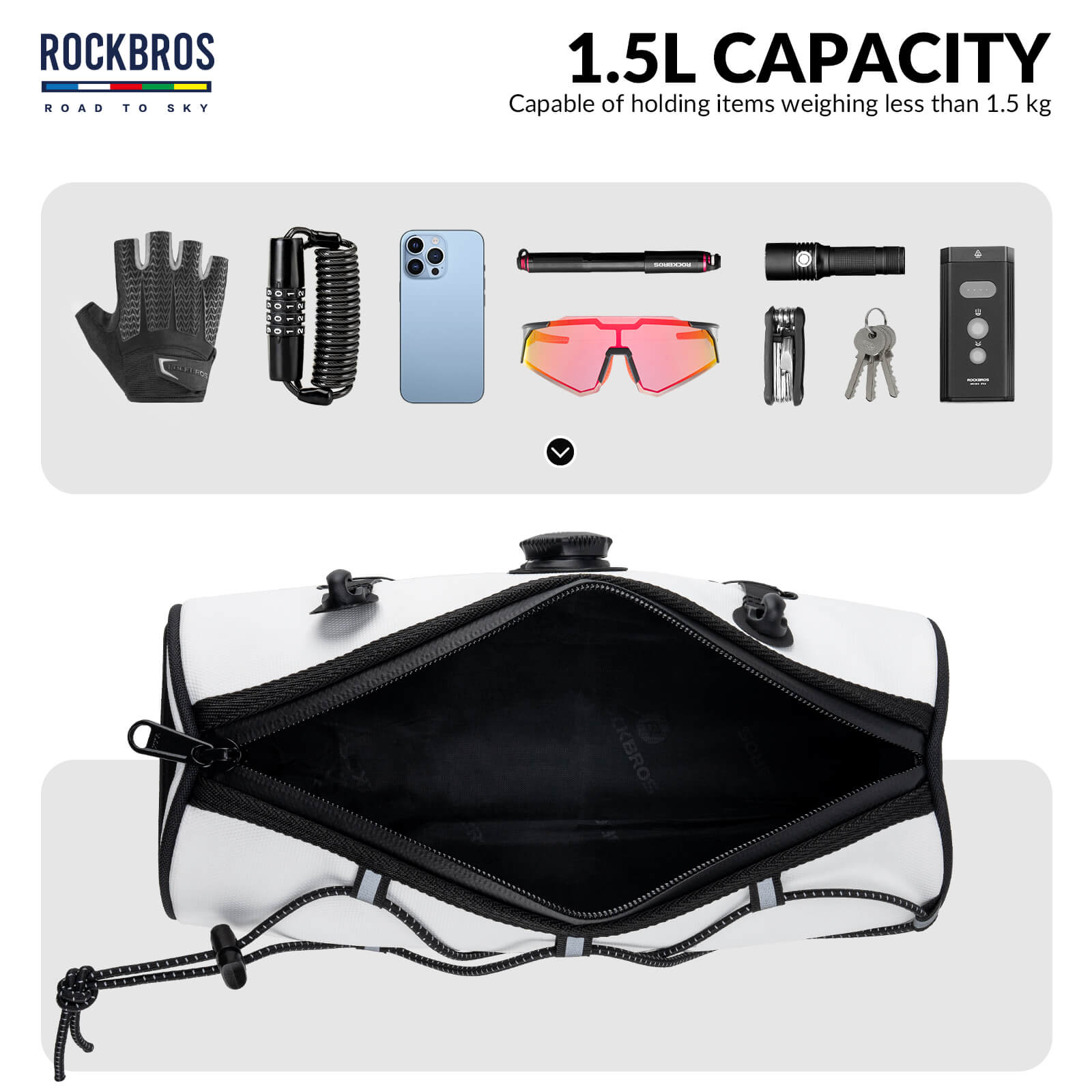 ROCKBROS 1.5L Deluxe Bike Handlebar Bag with One-Click Twist Lock System.
#color_white