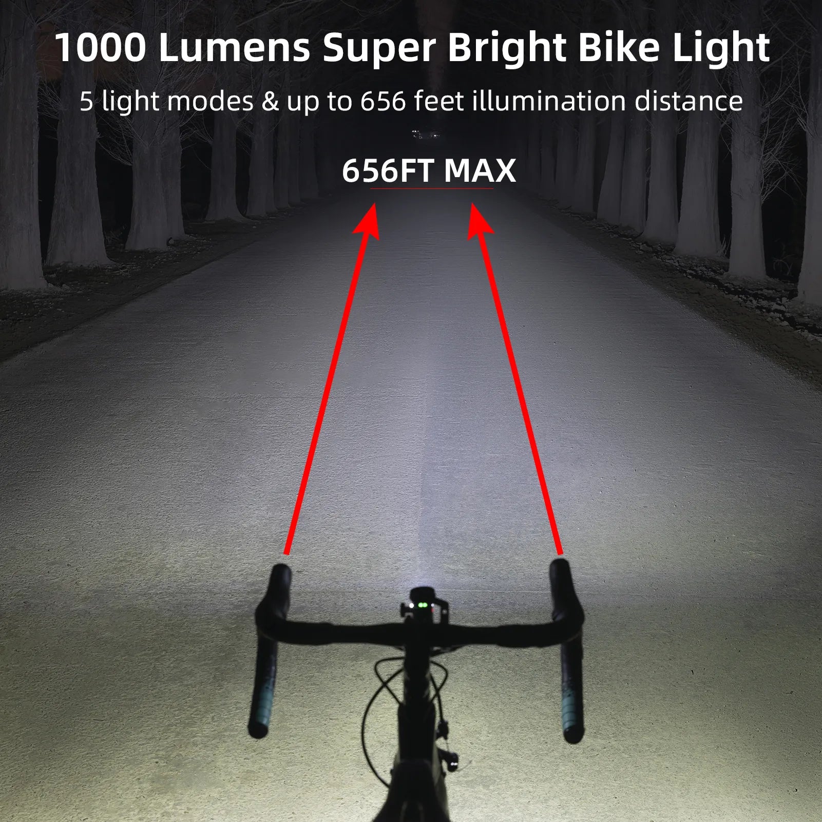 ROCKBROS 1000 lumens front bicycle light mounted on bike handlebar night riding
