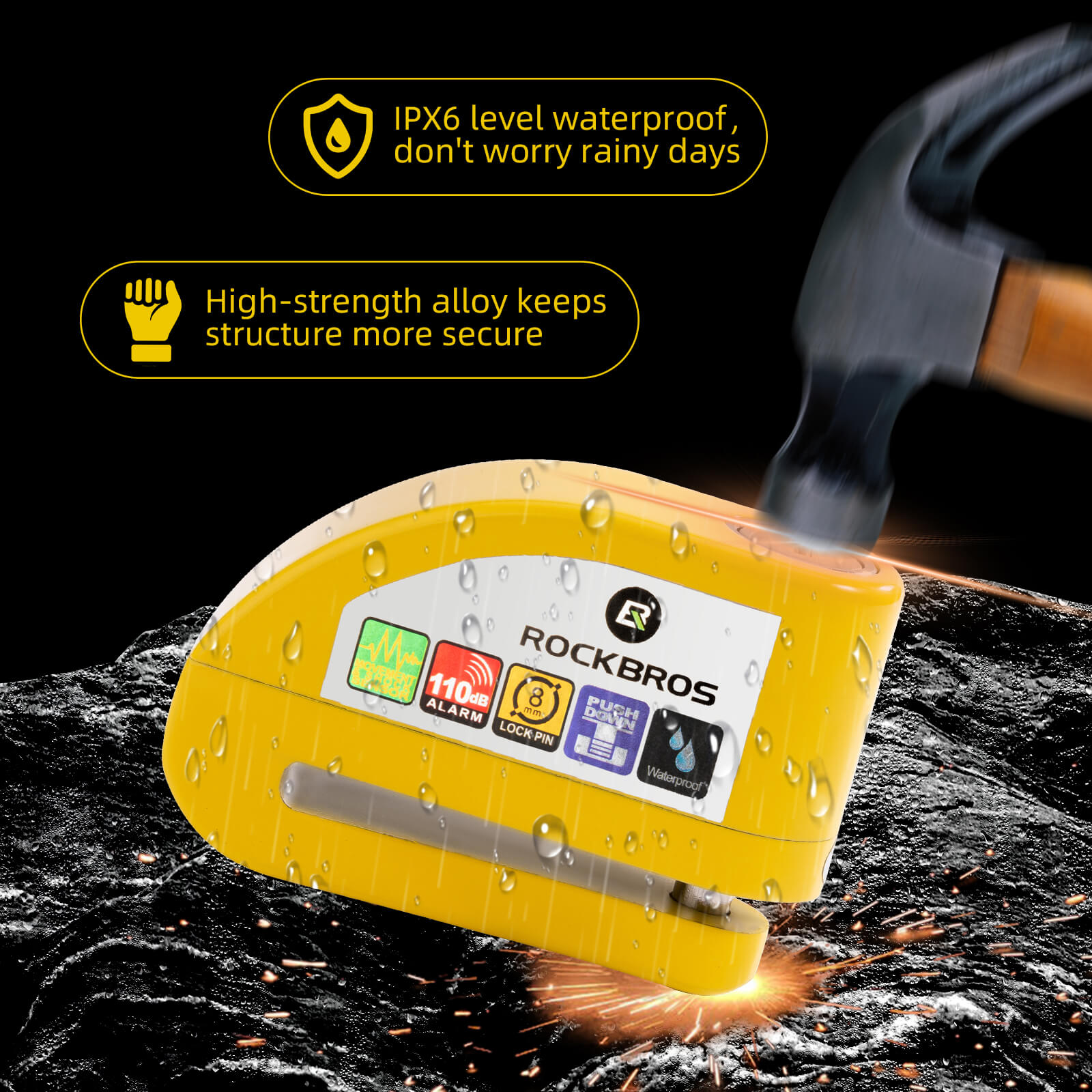 rockbros 110dB disc brake lock with alarm and reminder cable for motorcycle and bike security.
#color_yellow