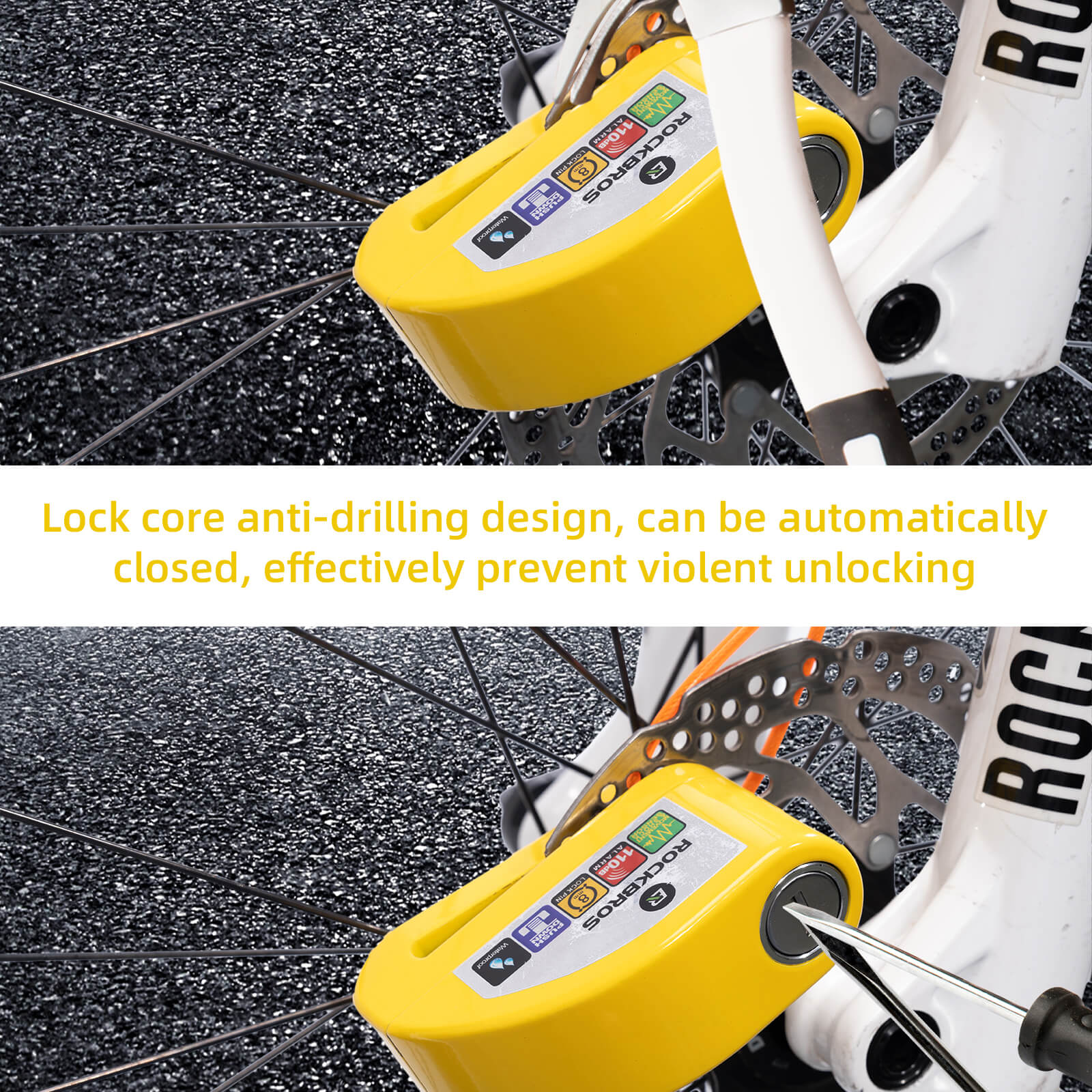 rockbros 110dB disc brake lock with alarm and reminder cable for motorcycle and bike security.
#color_yellow