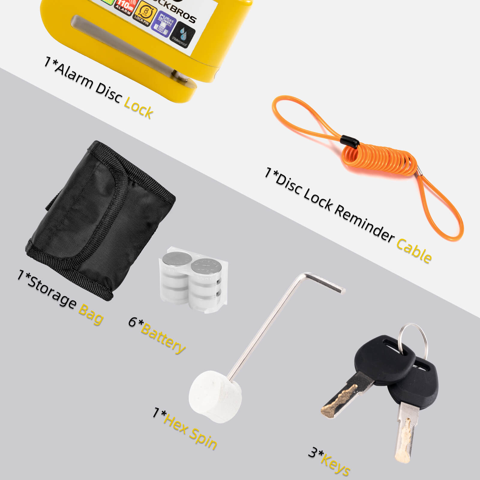 rockbros 110dB disc brake lock with alarm and reminder cable for motorcycle and bike security.
#color_yellow