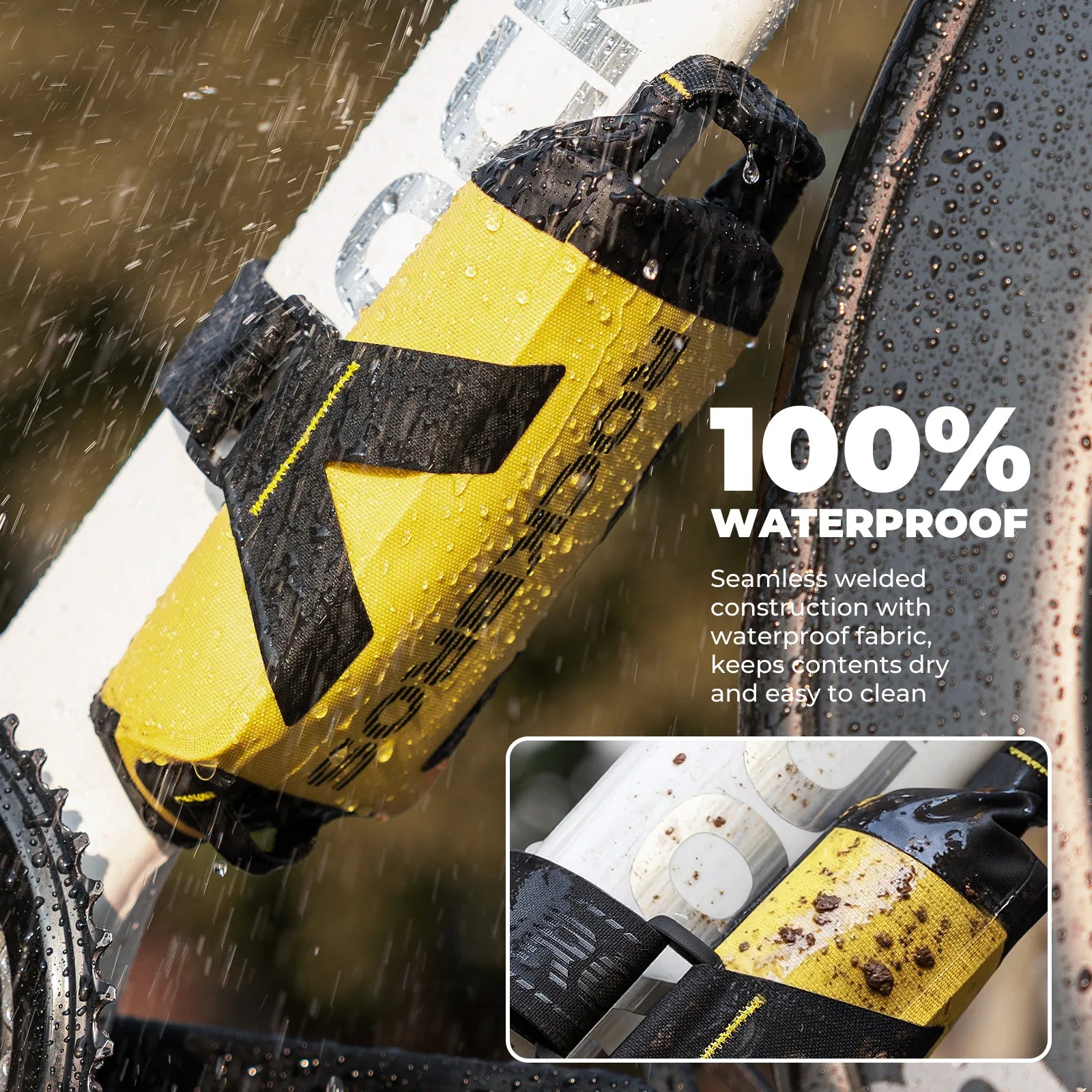 Rockbros 1L High-Vis Yellow Waterproof Roll-Top Bike Frame Bag with Reflective Logo