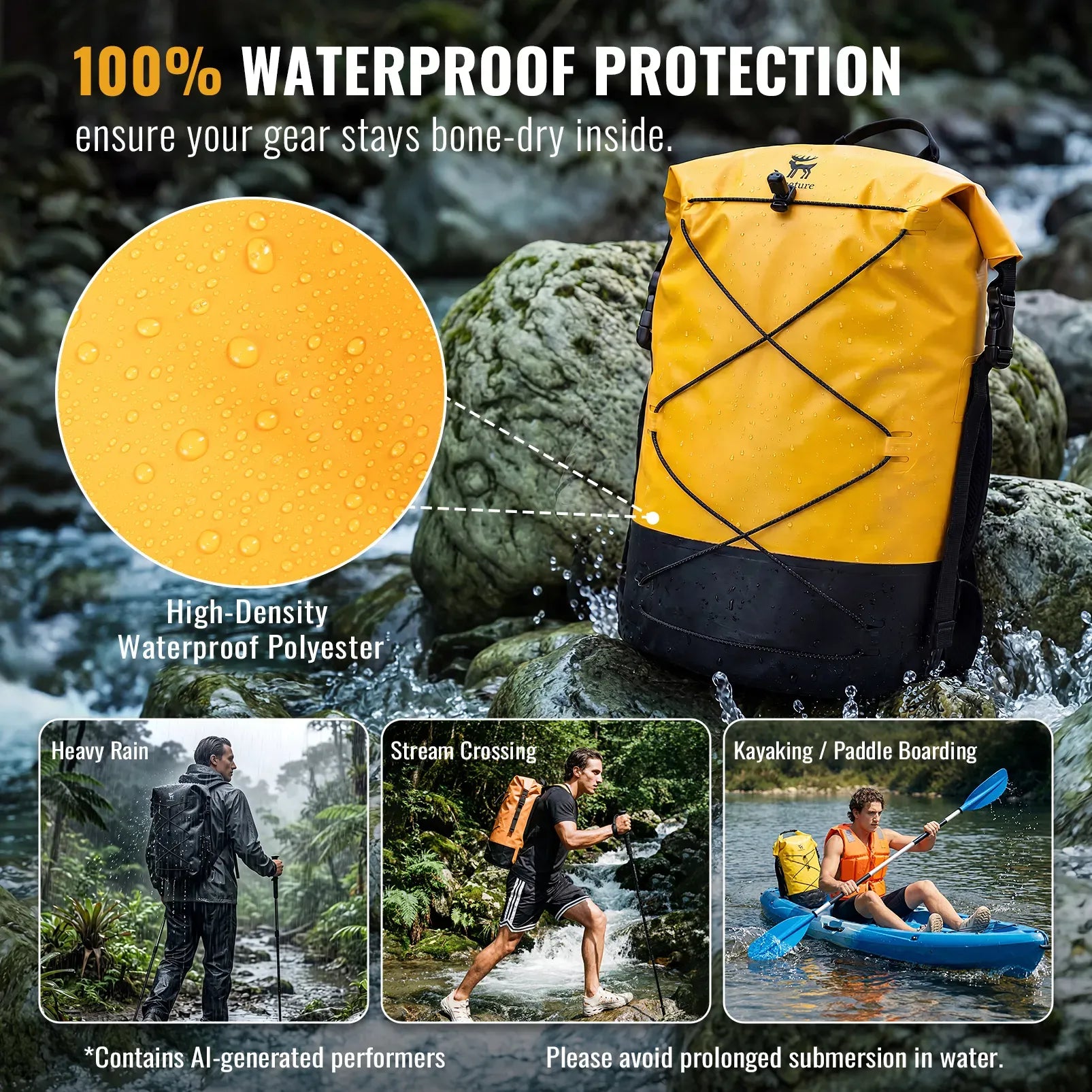 Rockbros 20L waterproof dry bag backpack in black for outdoor adventures.
#color_orange