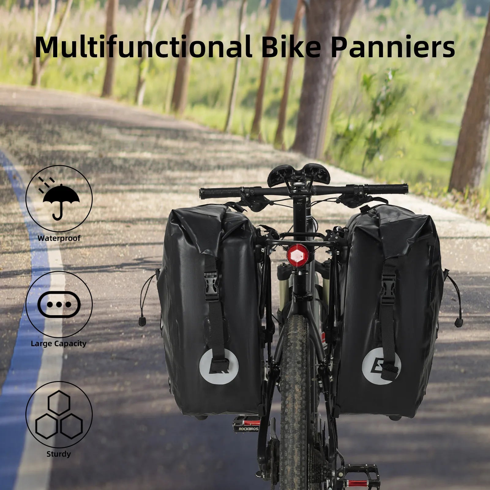 ROCKBROS 25L waterproof bike pannier bag installed on bicycle rear rack for touring and commuting.
#color_black