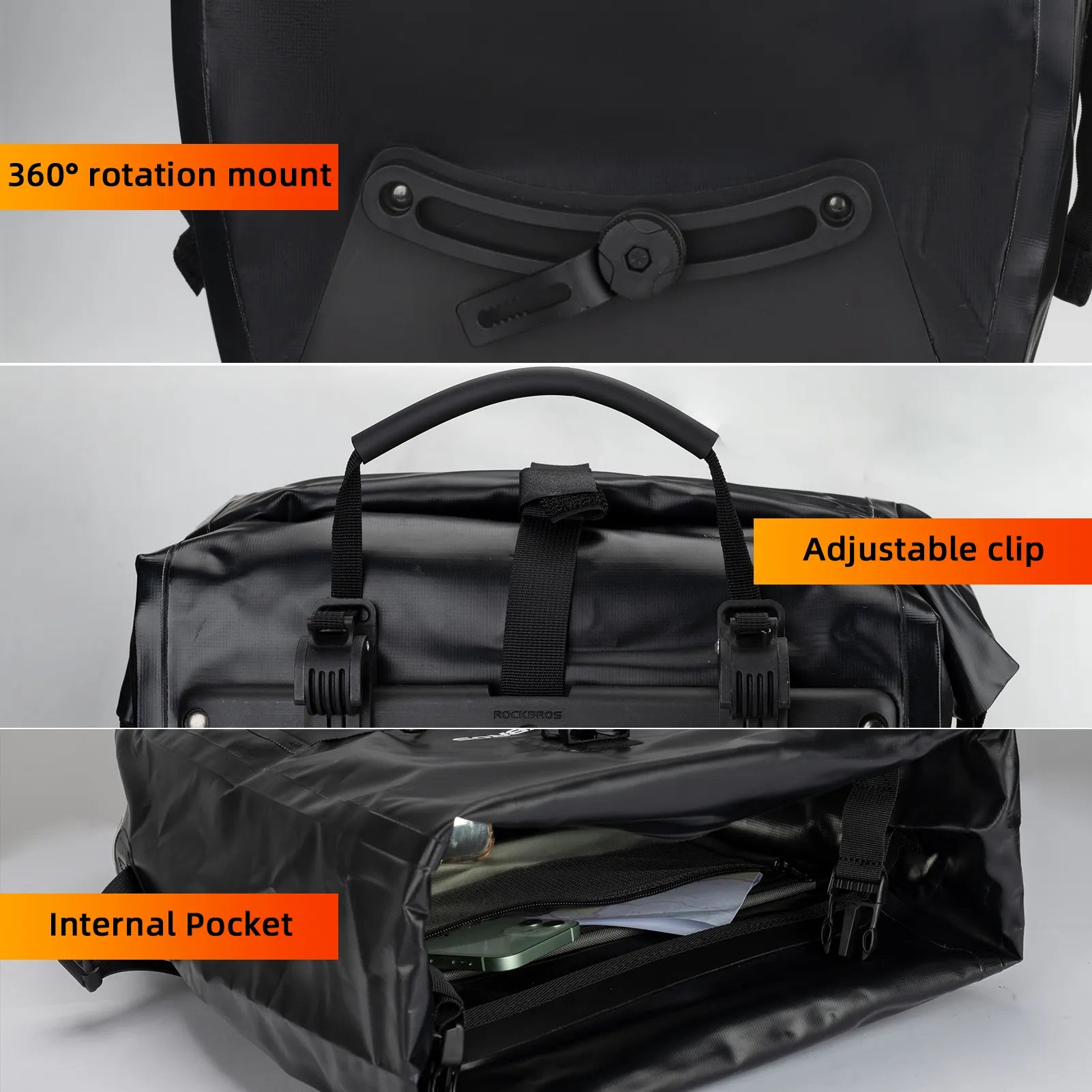 ROCKBROS 25L waterproof bike pannier bag installed on bicycle rear rack for touring and commuting.
#color_black