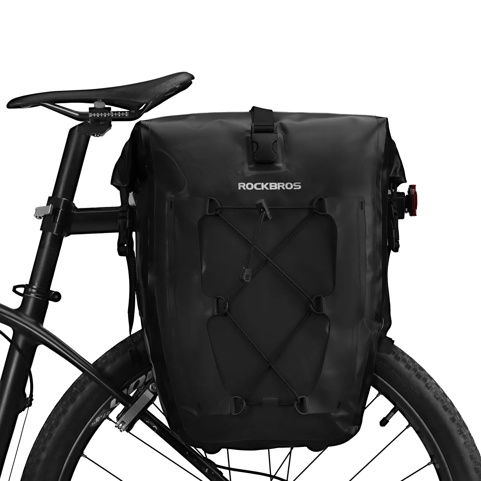 ROCKBROS 25L waterproof bike pannier bag installed on bicycle rear rack for touring and commuting.
#color_black